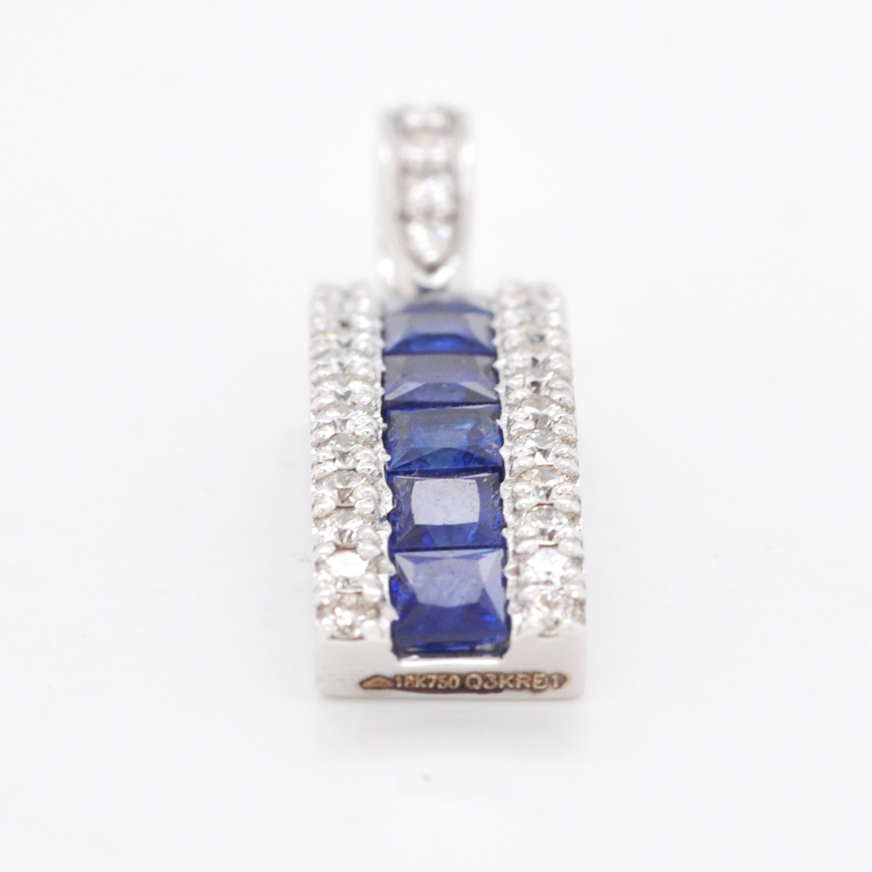 18 Karat White Gold 3MM Channel Set Princess Cut Blue Sapphire Diamond Pendant For Sale 4
