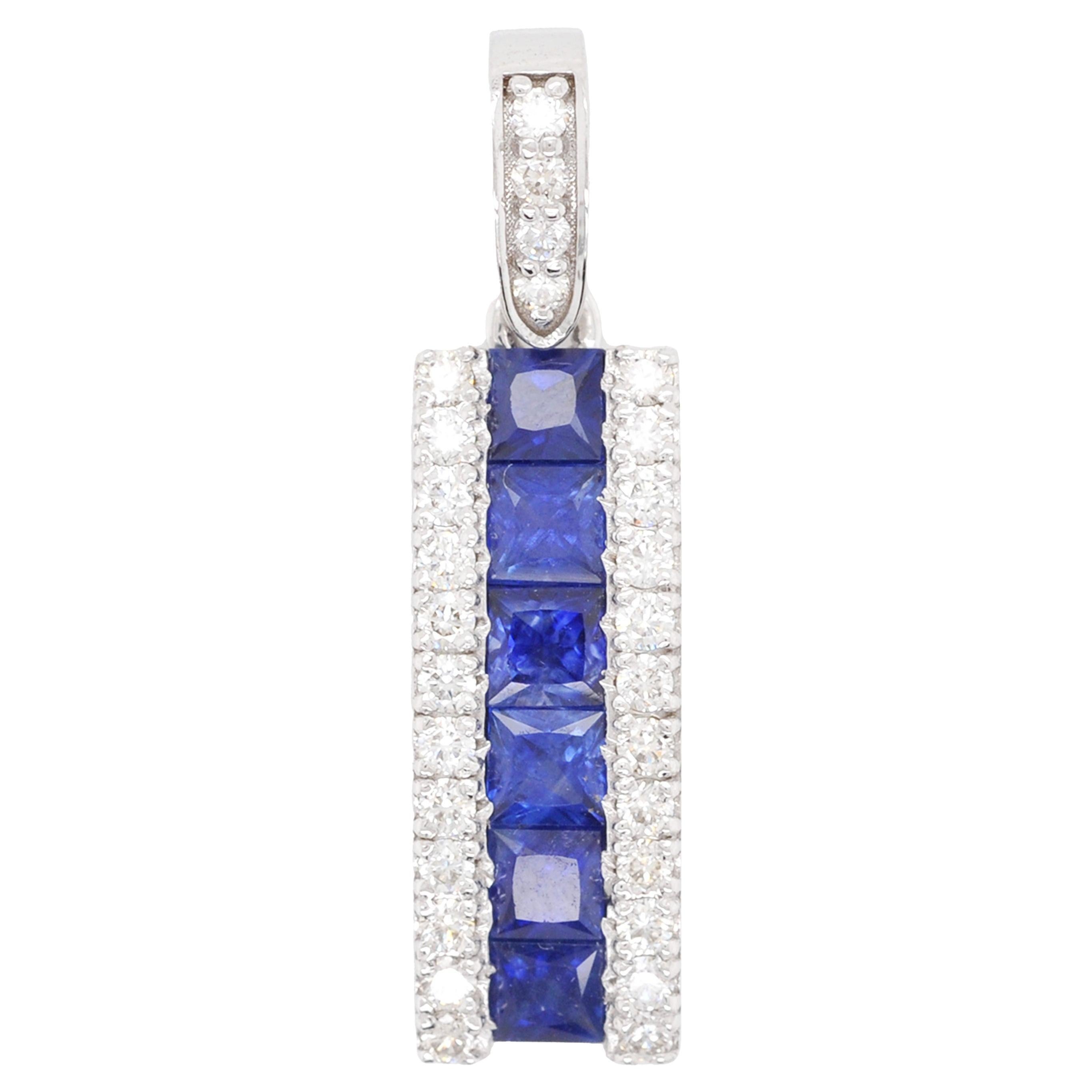 18 Karat White Gold 3MM Channel Set Princess Cut Blue Sapphire Diamond Pendant For Sale