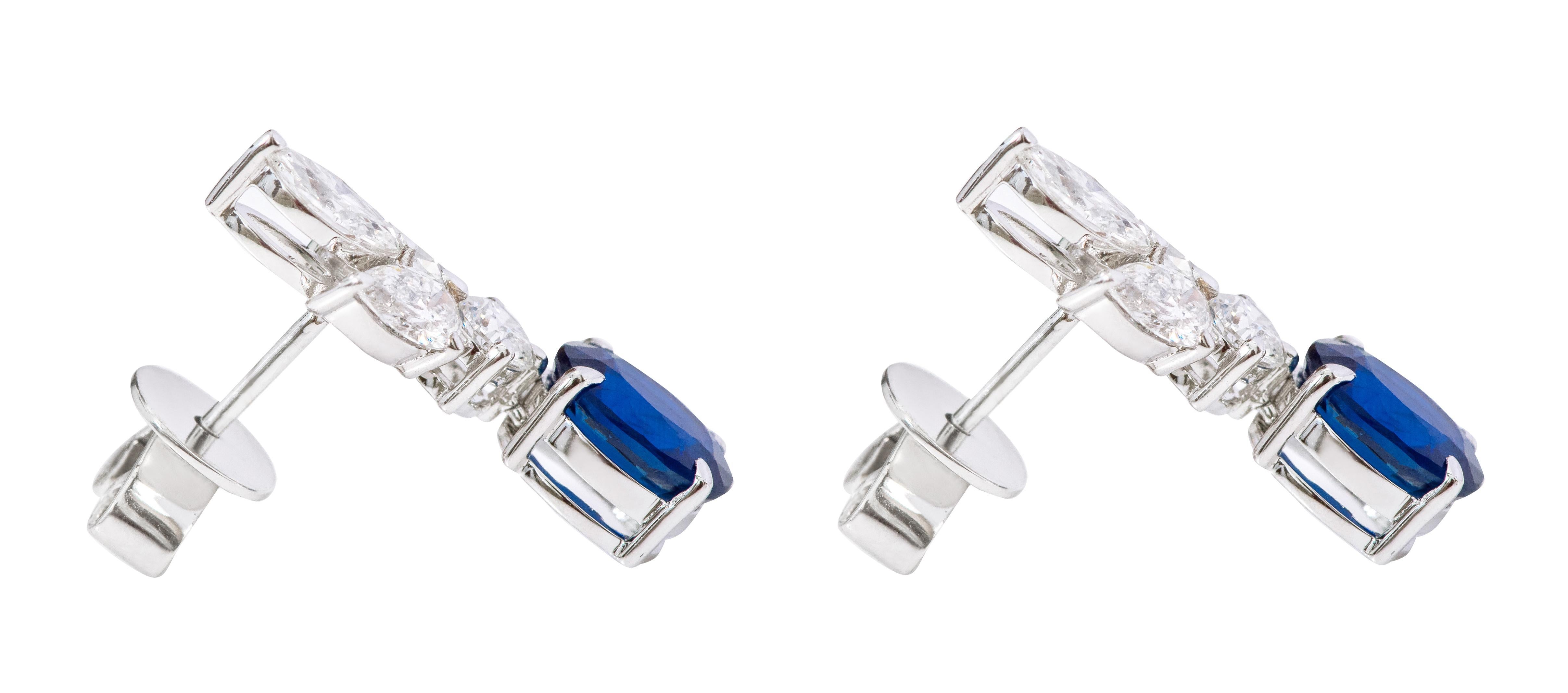Oval Cut 18 Karat White Gold 4.05 Carat Sapphire and Diamond Drop Earrings For Sale