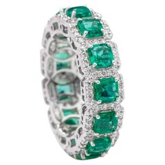 4.12 Carat Emerald and Diamond Eternity Band Ring in 18 Karat White Gold