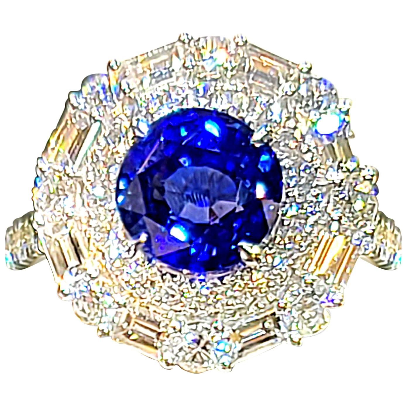 18 Karat White Gold 4.17 Carat Sapphire Diamond Ring