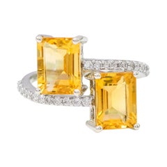 18 Karat White Gold 4.21 Carat Emerald-Cut Golden Topaz and Diamond Ring