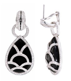 18 Karat White Gold 42.96 Carat Diamond and Black Onyx Drop Earrings