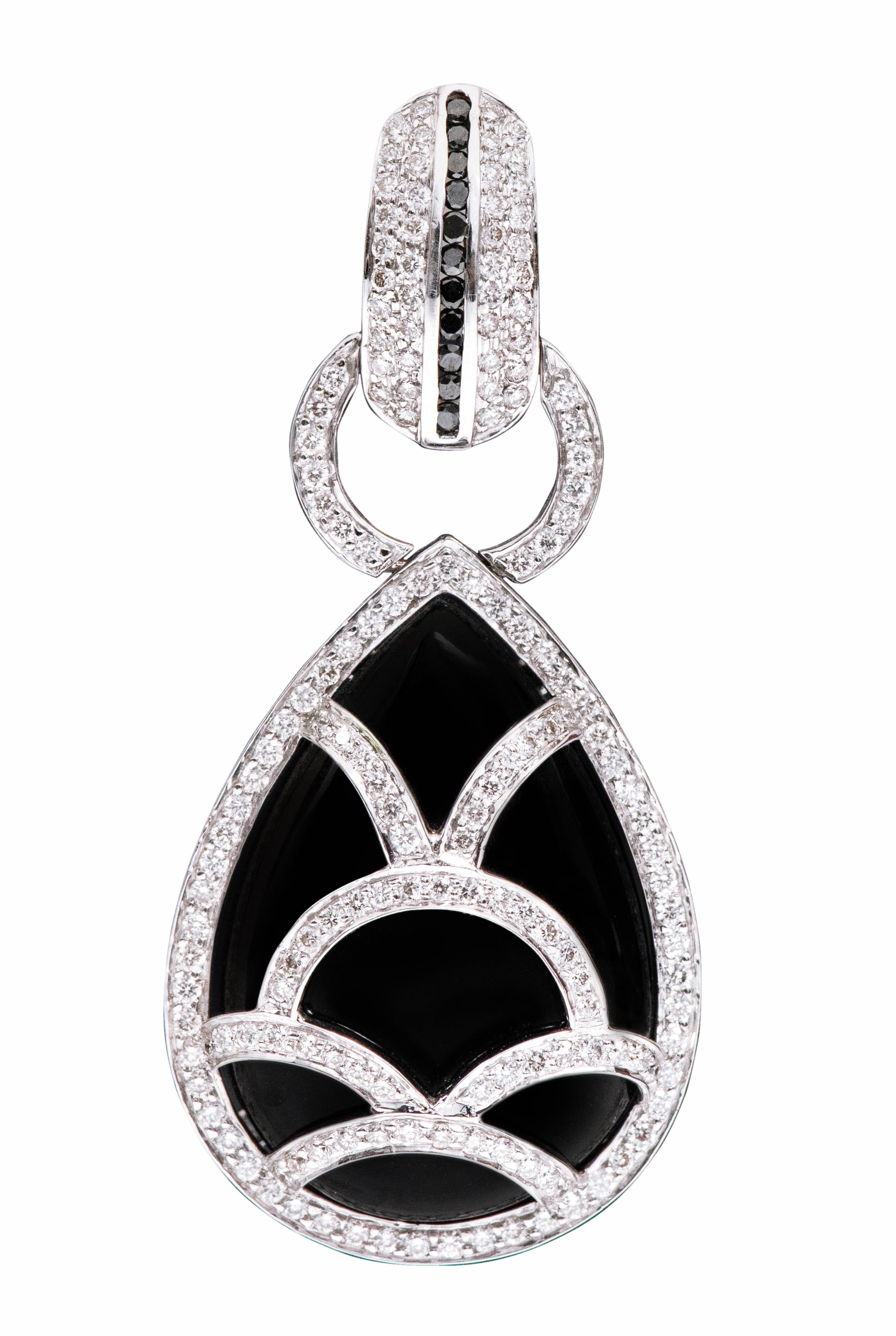 Women's 18 Karat White Gold 42.96 Carat Diamond and Black Onyx Drop Earrings For Sale