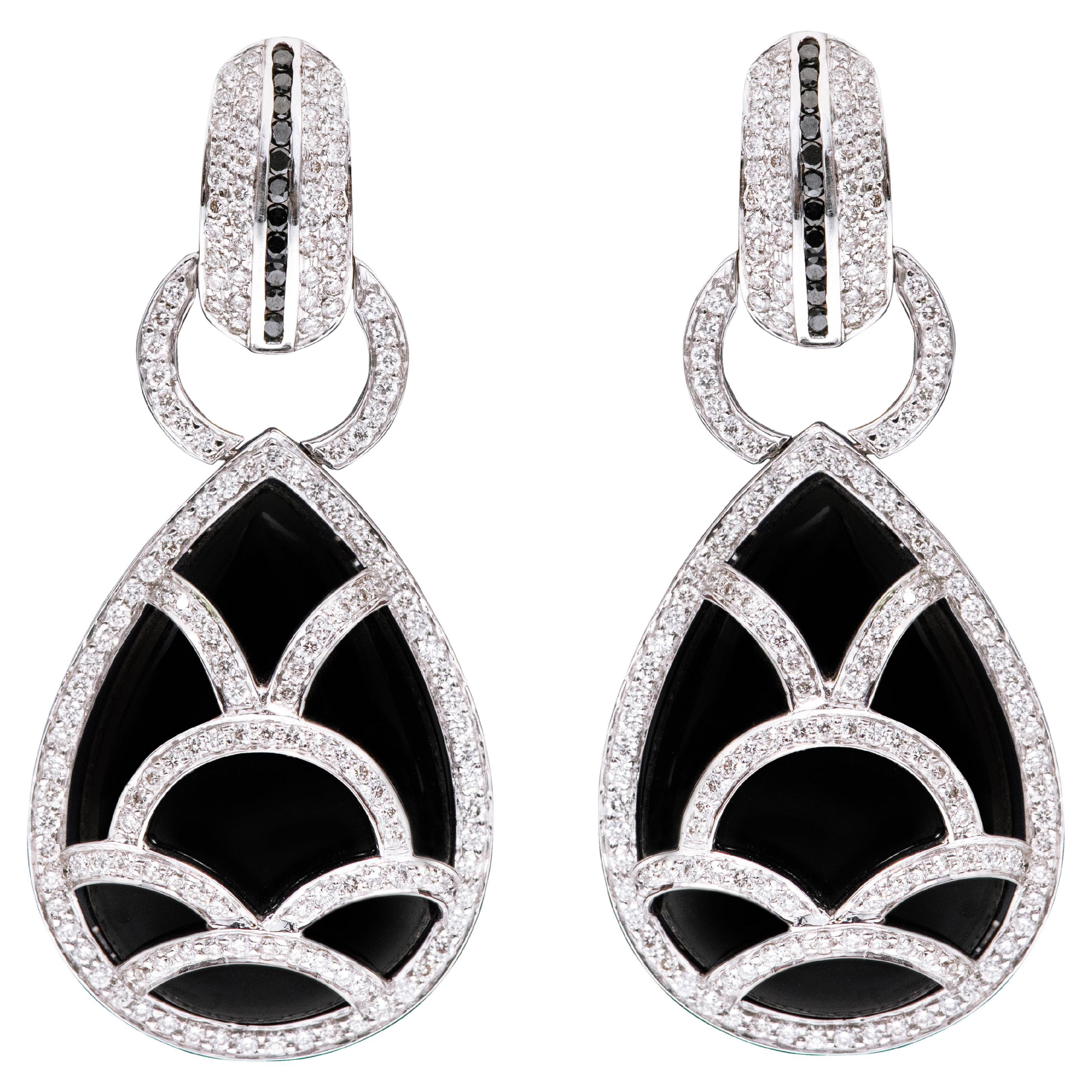 18 Karat White Gold 42.96 Carat Diamond and Black Onyx Drop Earrings For Sale