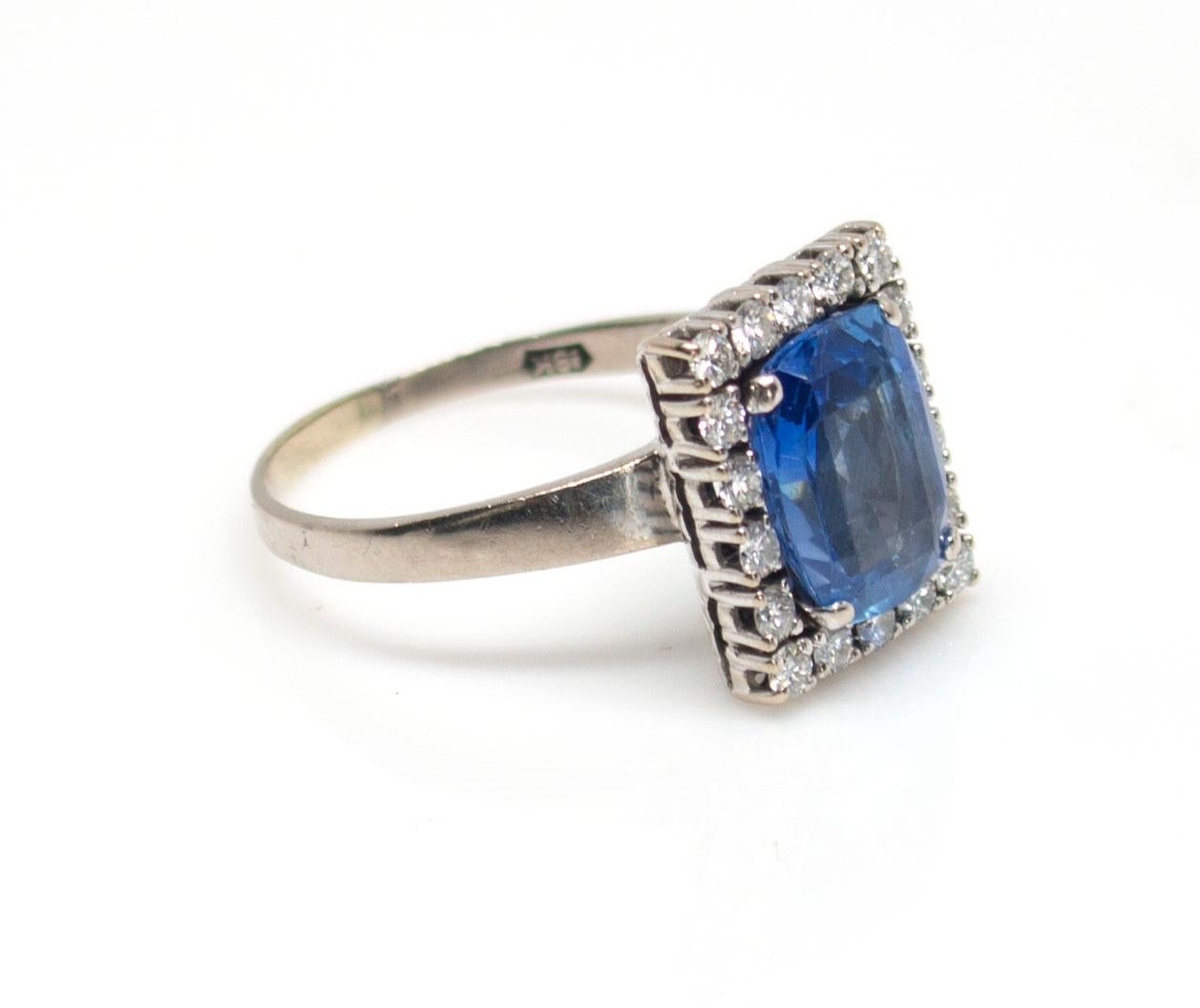 Art Deco 18k white gold ring with a 4.35ct rectangular cushion cut natural Sapphire with 18 diamond approx. 0.75ct. Comes with EGL Certificate and UGS Appraisal for 100% Natural (No Treatment) Rectangular Cushion Mixed Blue Sapphire. Size 10.5,