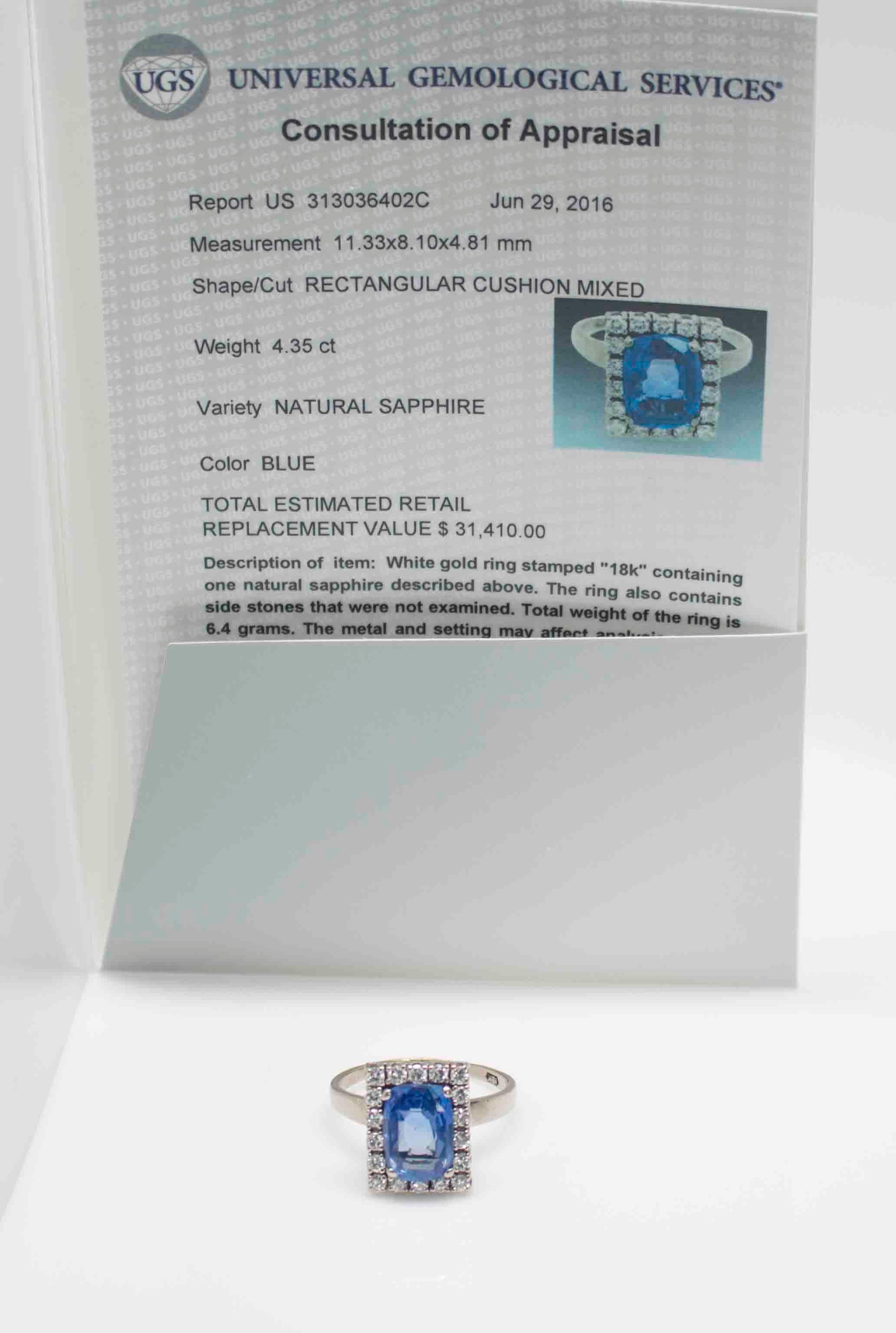 Cushion Cut 18 Karat White Gold 4.35 Carat Sapphire 0.75 Carat Diamond Ring, EGL Certified For Sale