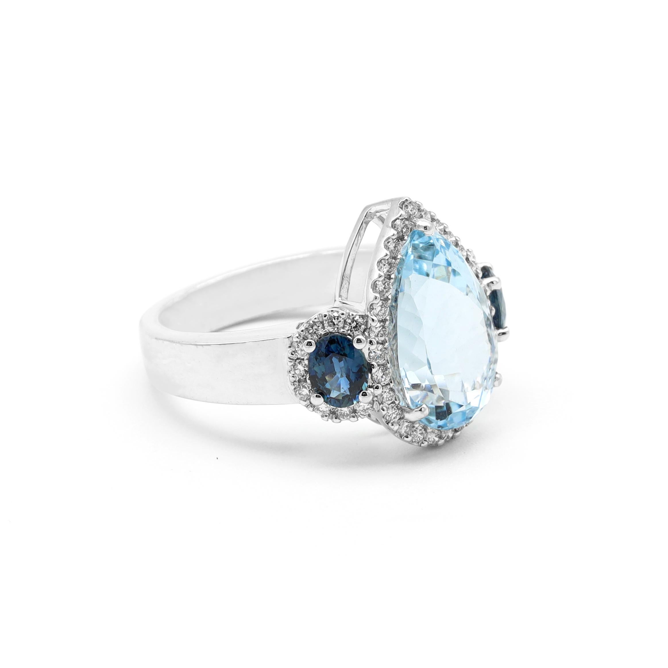 Women's 18 Karat White Gold 4.44 Carat Aquamarine, Sapphire and Diamond Three Stone Ring For Sale