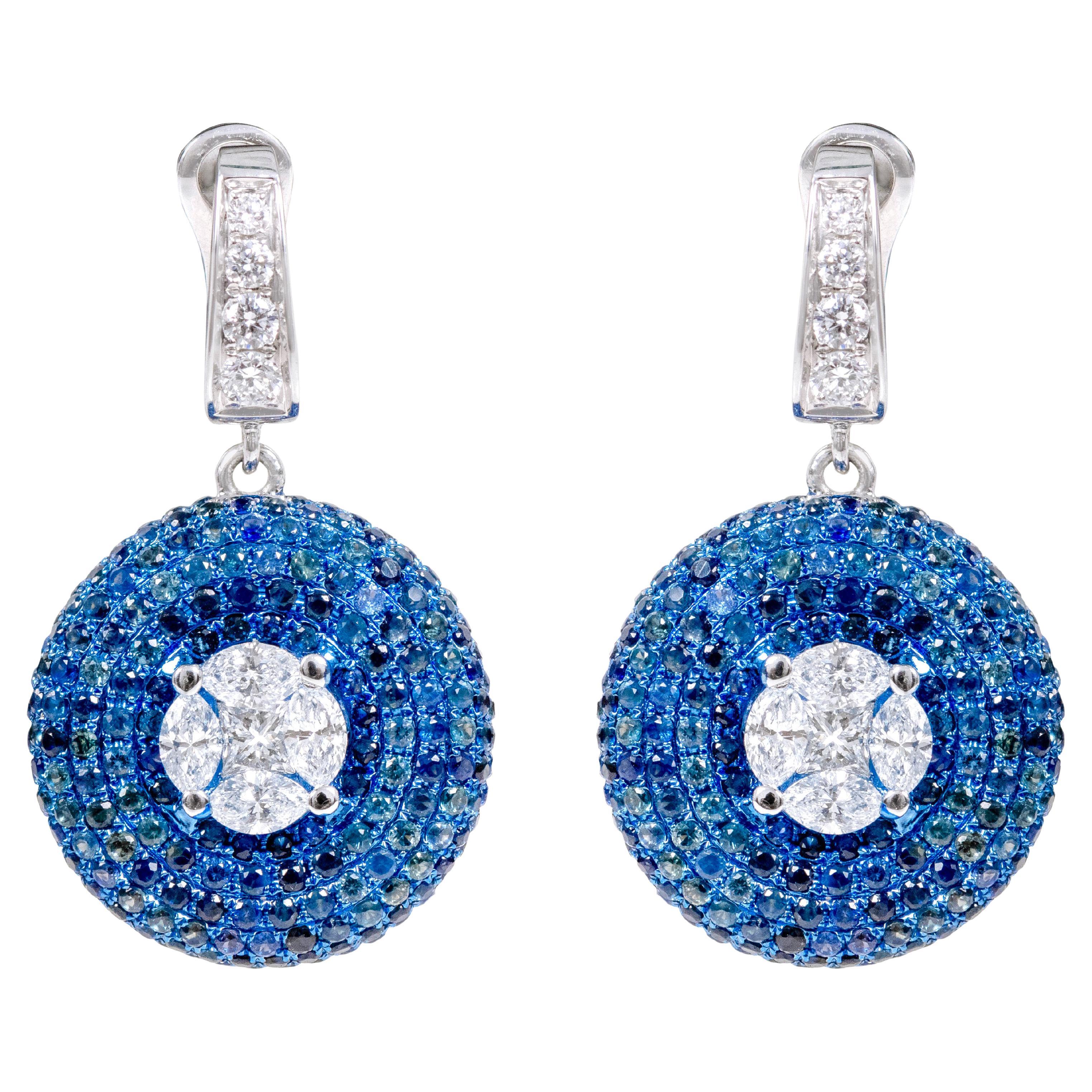 18 Karat White Gold 4.52 Carat "Illusion-Set" Diamond and Sapphire Drop Earrings
