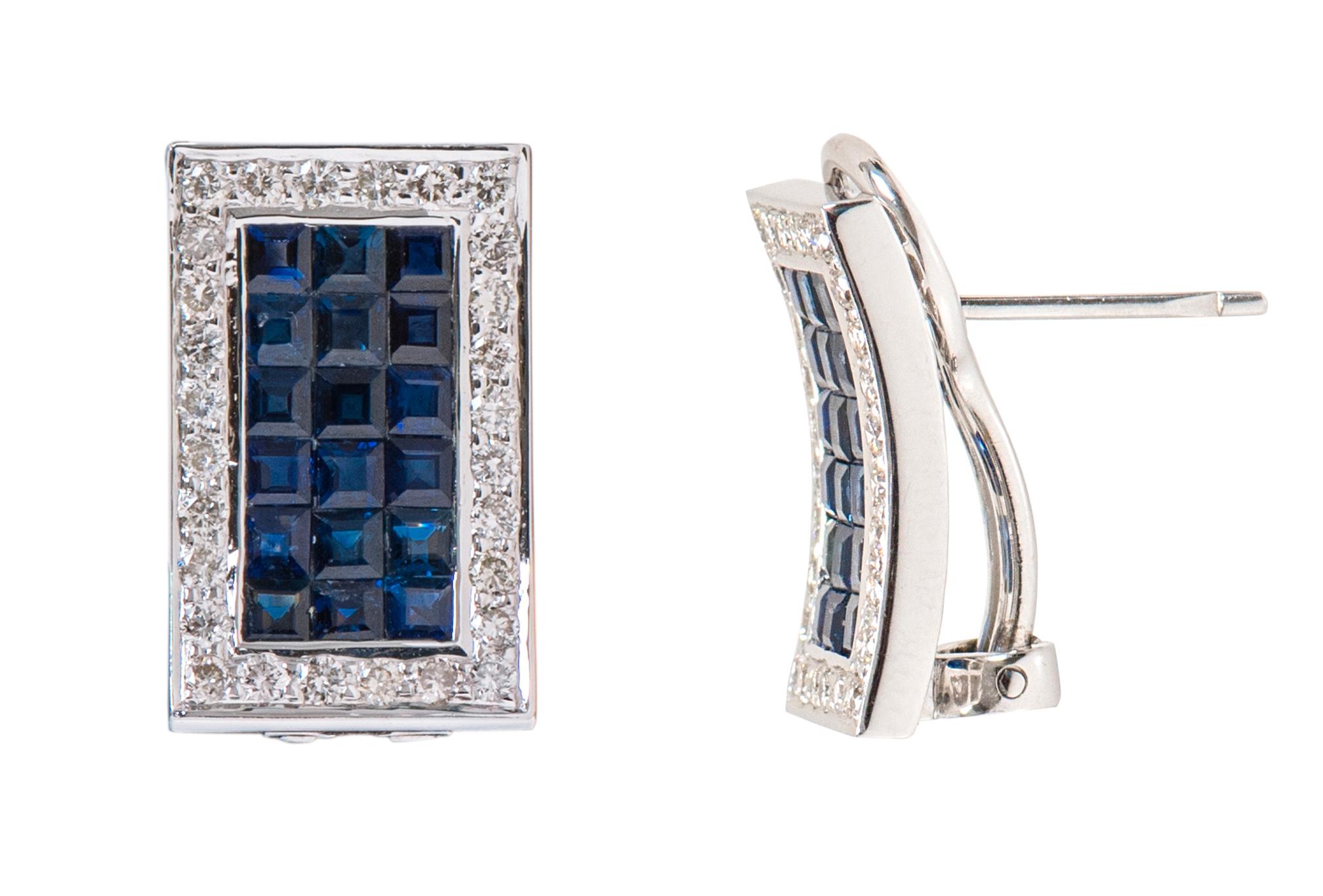 18 Karat White Gold 4.58 Carat Sapphire and Diamond Cluster Stud Earrings

This incredible royal blue sapphire and diamond stud earring is mesmerizing. The impressive no metal setting of the three perfect rows of princess cut sapphires enclosed in a