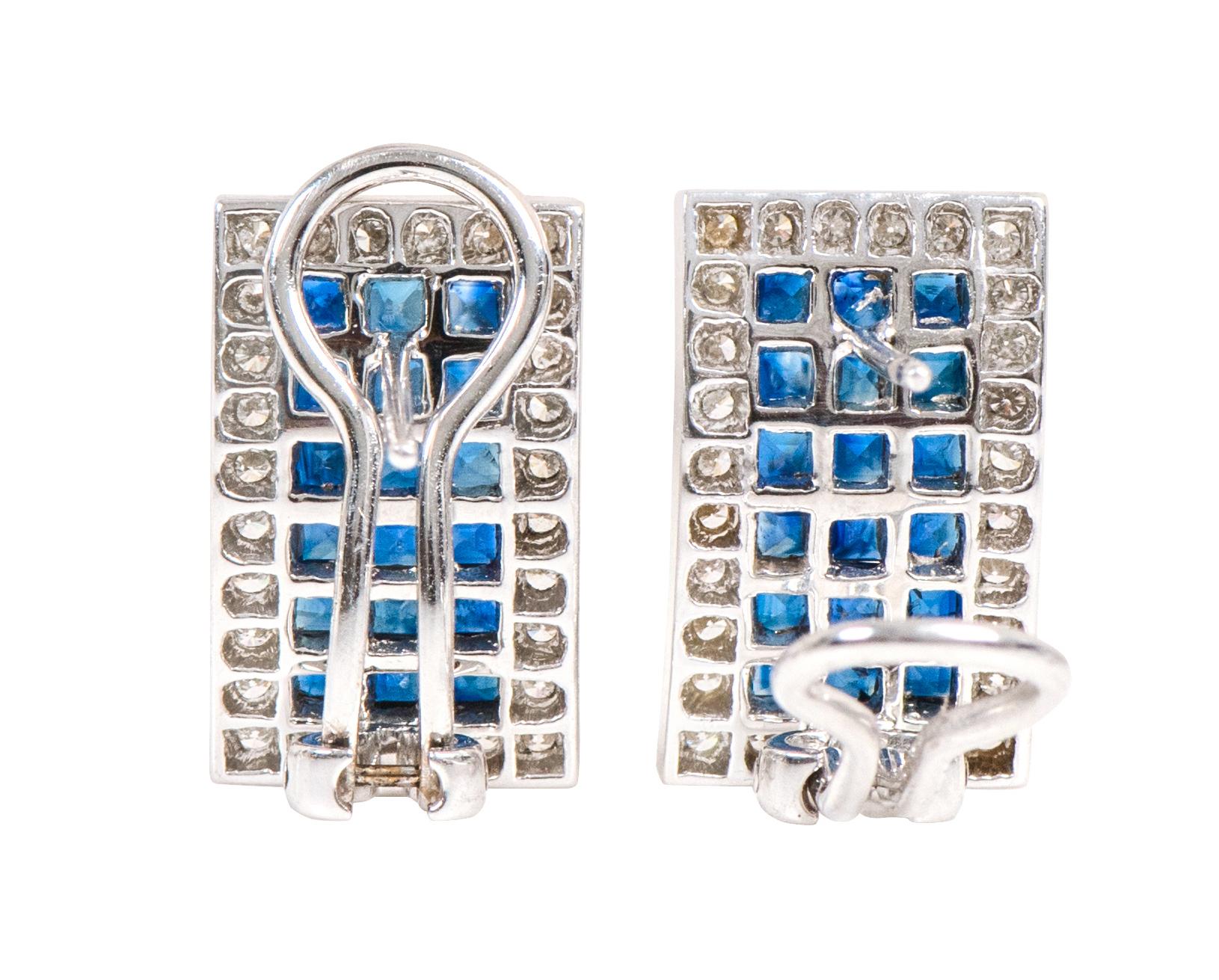 Princess Cut 18 Karat White Gold 4.58 Carat Sapphire and Diamond Cluster Stud Earrings For Sale