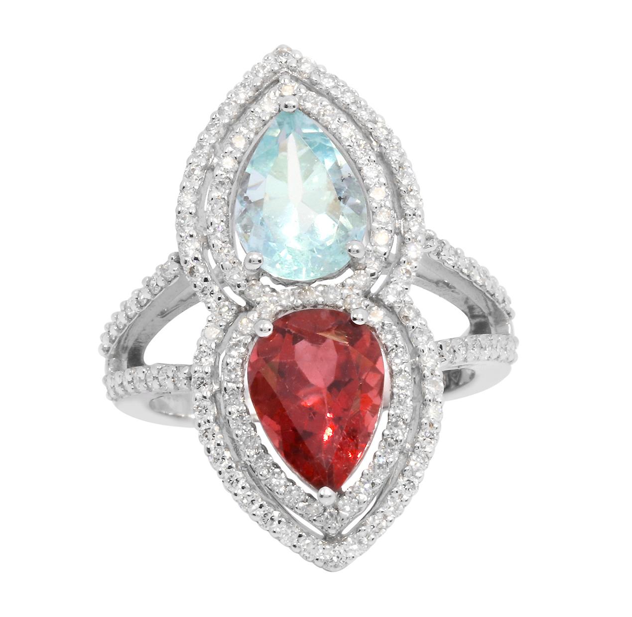 18 Karat White Gold 4.59 Carat Aquamarine, Tourmaline, and Diamond Fashion Ring In New Condition For Sale In Jaipur, IN