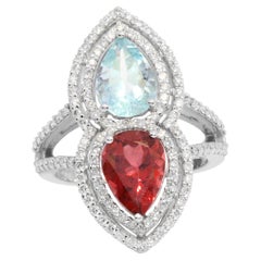 18 Karat White Gold 4.59 Carat Aquamarine, Tourmaline, and Diamond Fashion Ring