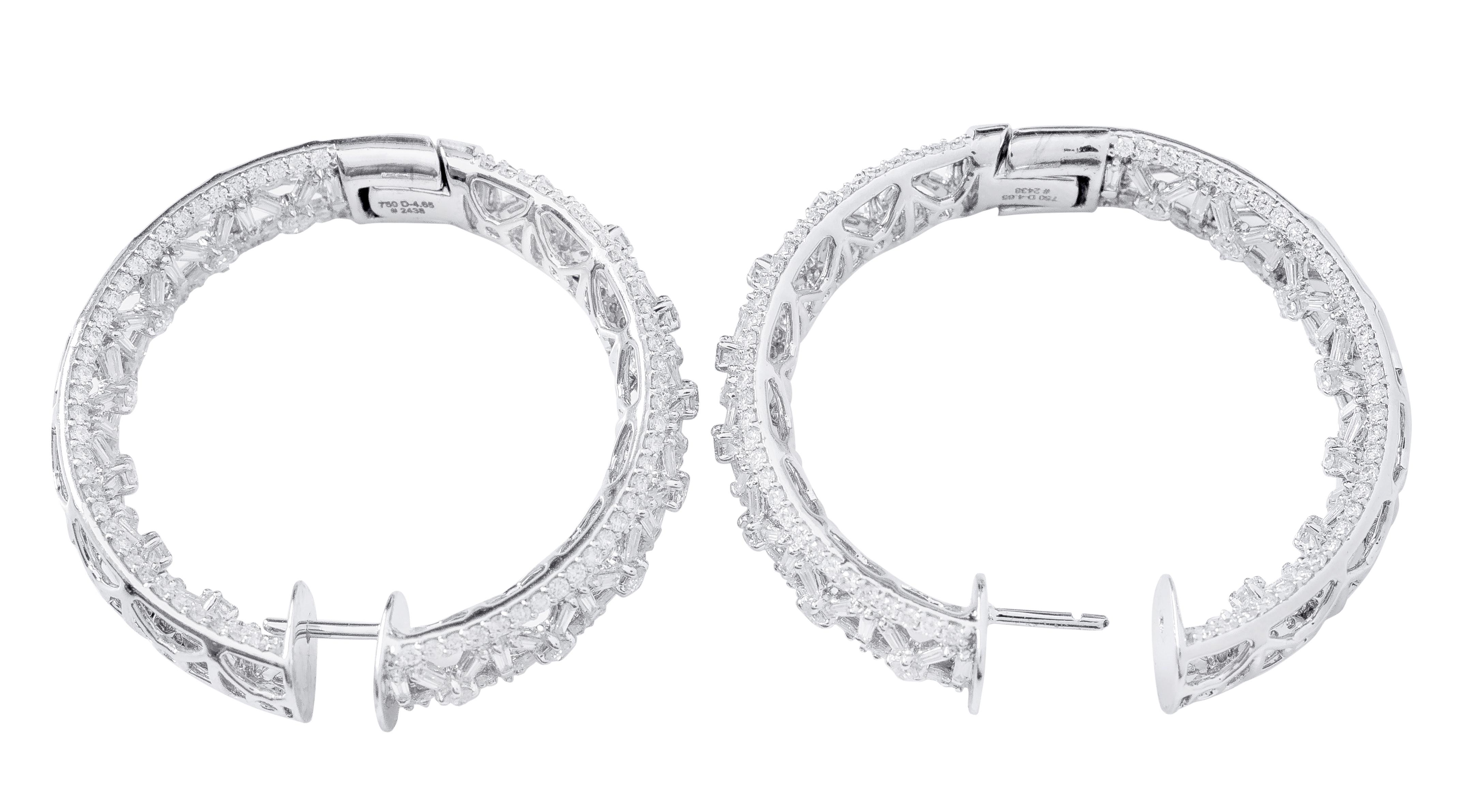 18 Karat White Gold 4.70 Carat Diamond Hoop Earrings For Sale 2
