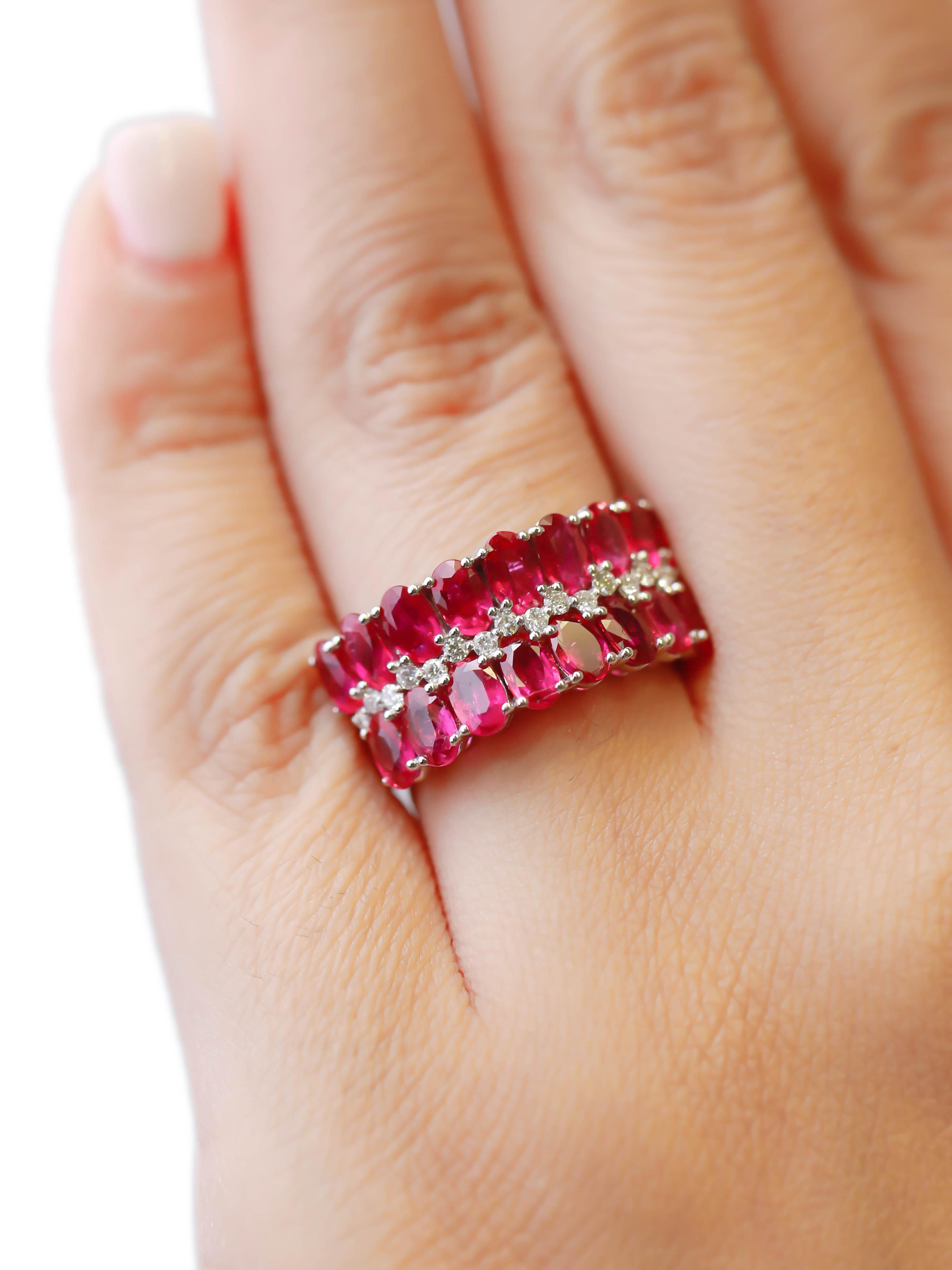 4.75 Carat Oval Cut Ruby and 0.22 Carat Diamond Pave 18K White Gold Cluster Ring For Sale 3