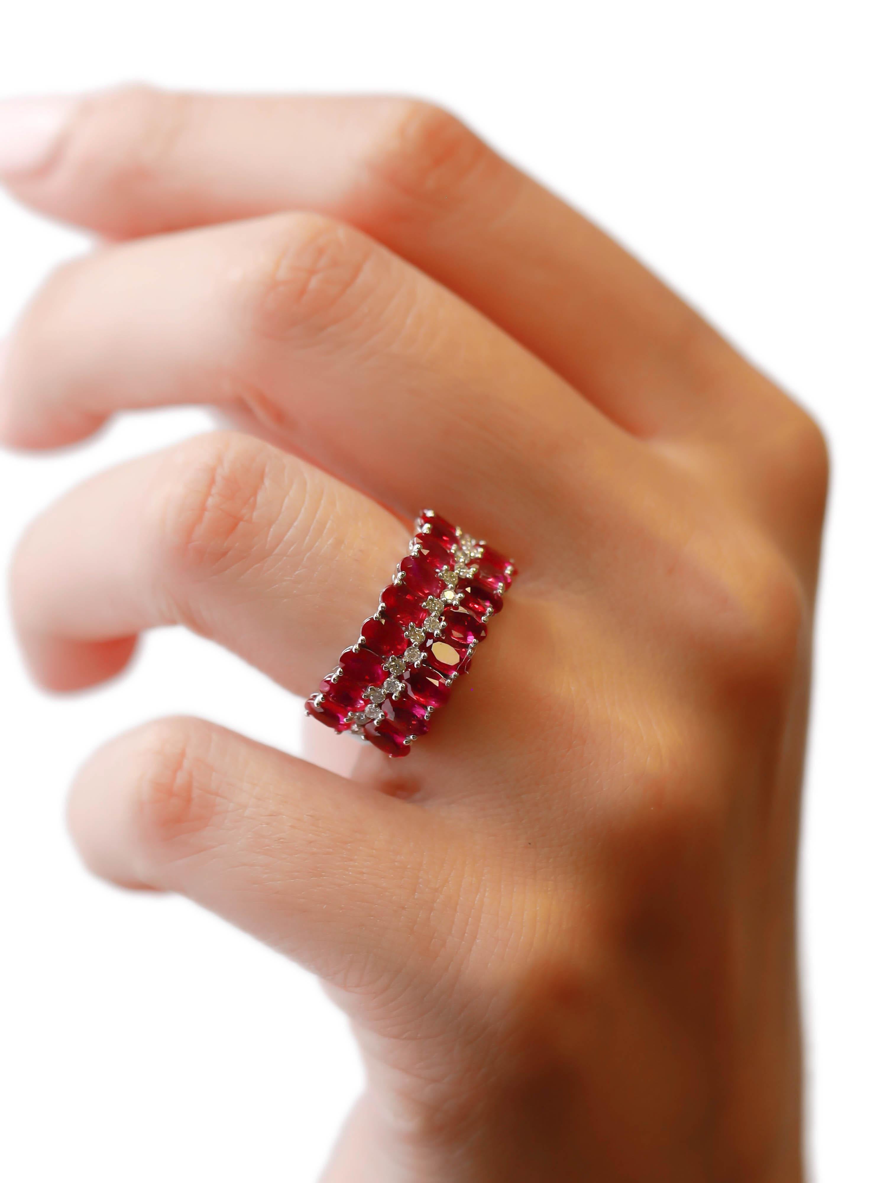 4.75 Carat Oval Cut Ruby and 0.22 Carat Diamond Pave 18K White Gold Cluster Ring For Sale 1