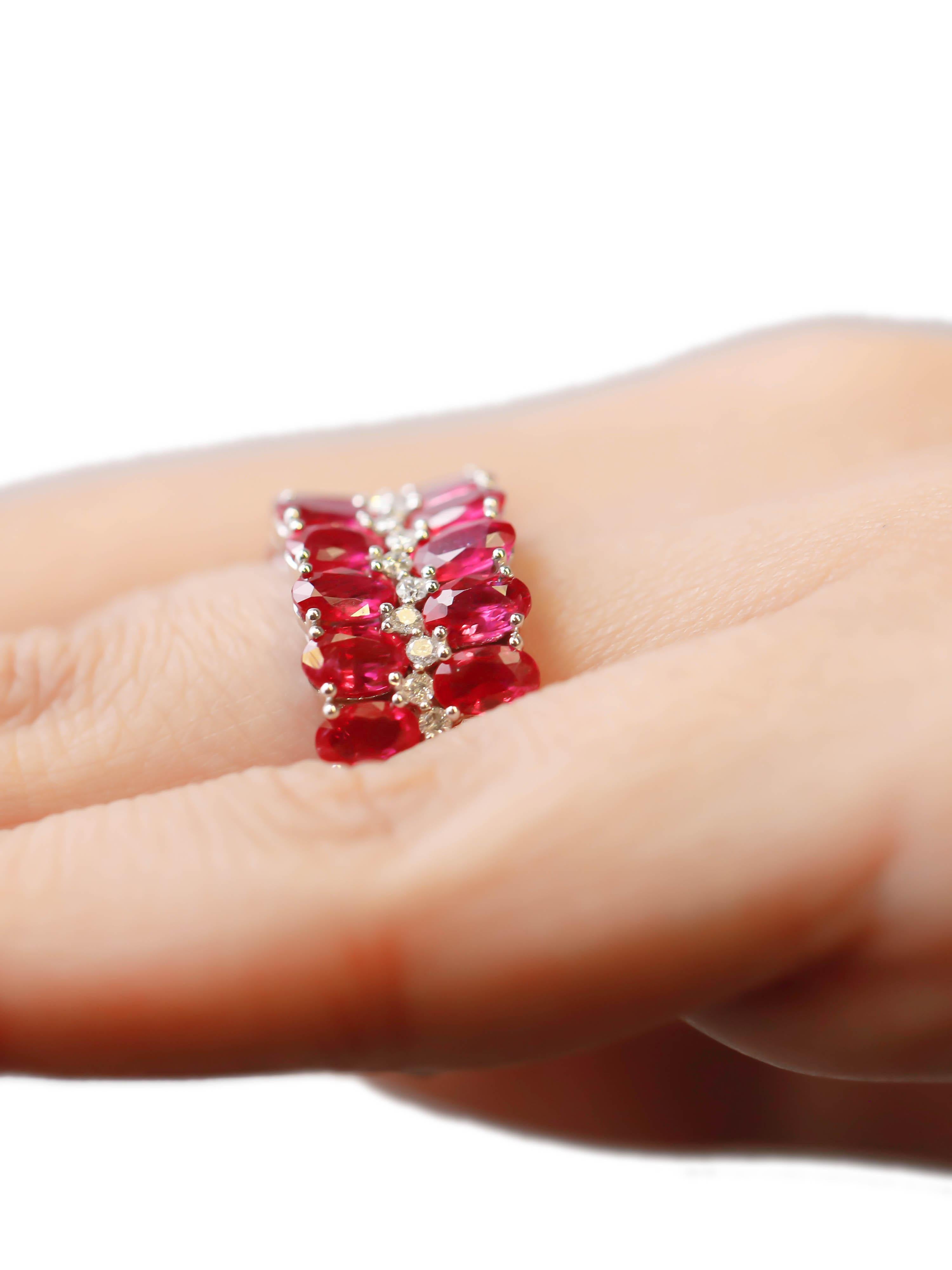 4.75 Carat Oval Cut Ruby and 0.22 Carat Diamond Pave 18K White Gold Cluster Ring For Sale 2