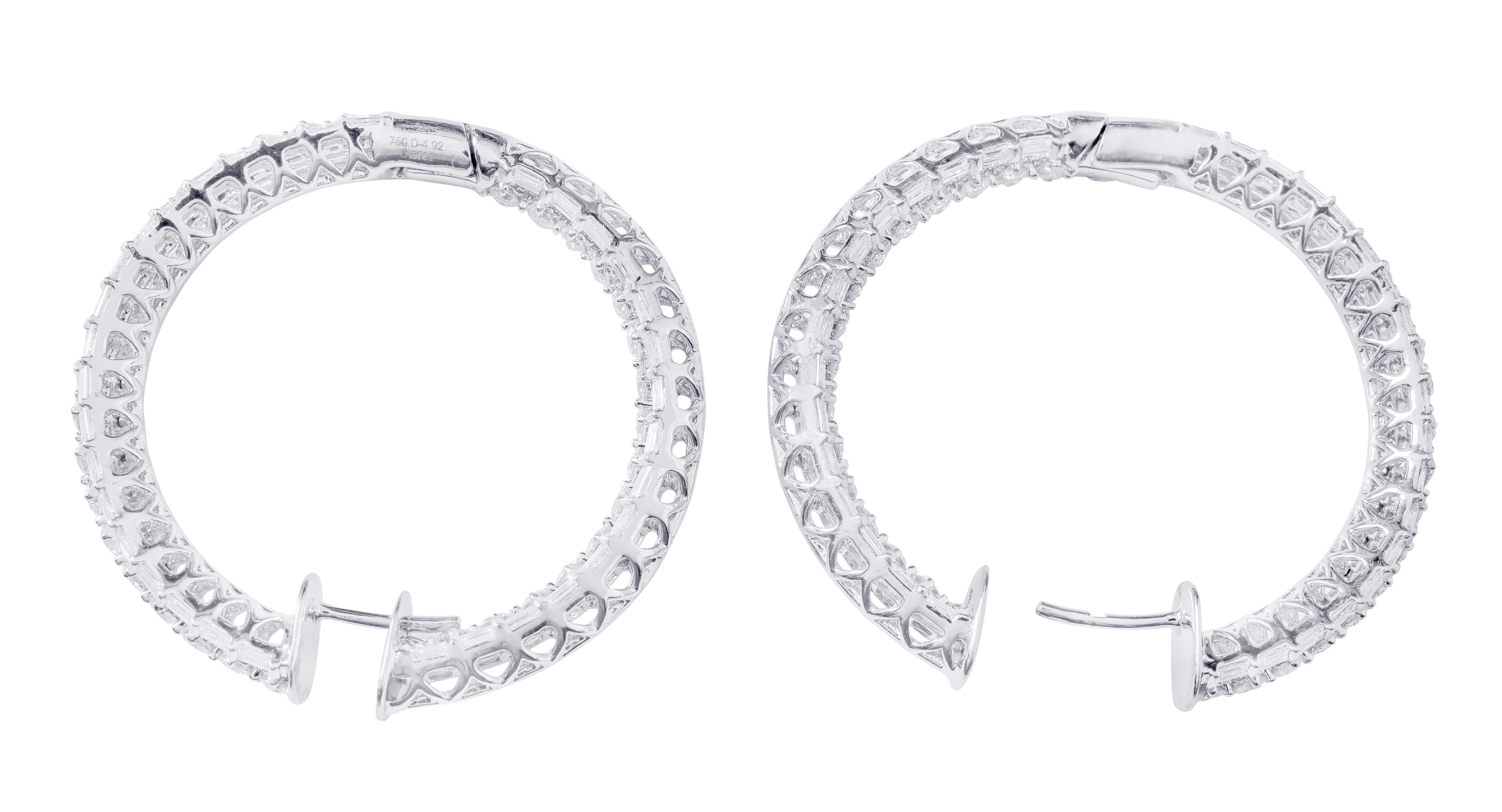 18 Karat White Gold 4.96 Carats Diamond Hoop Earrings For Sale 7