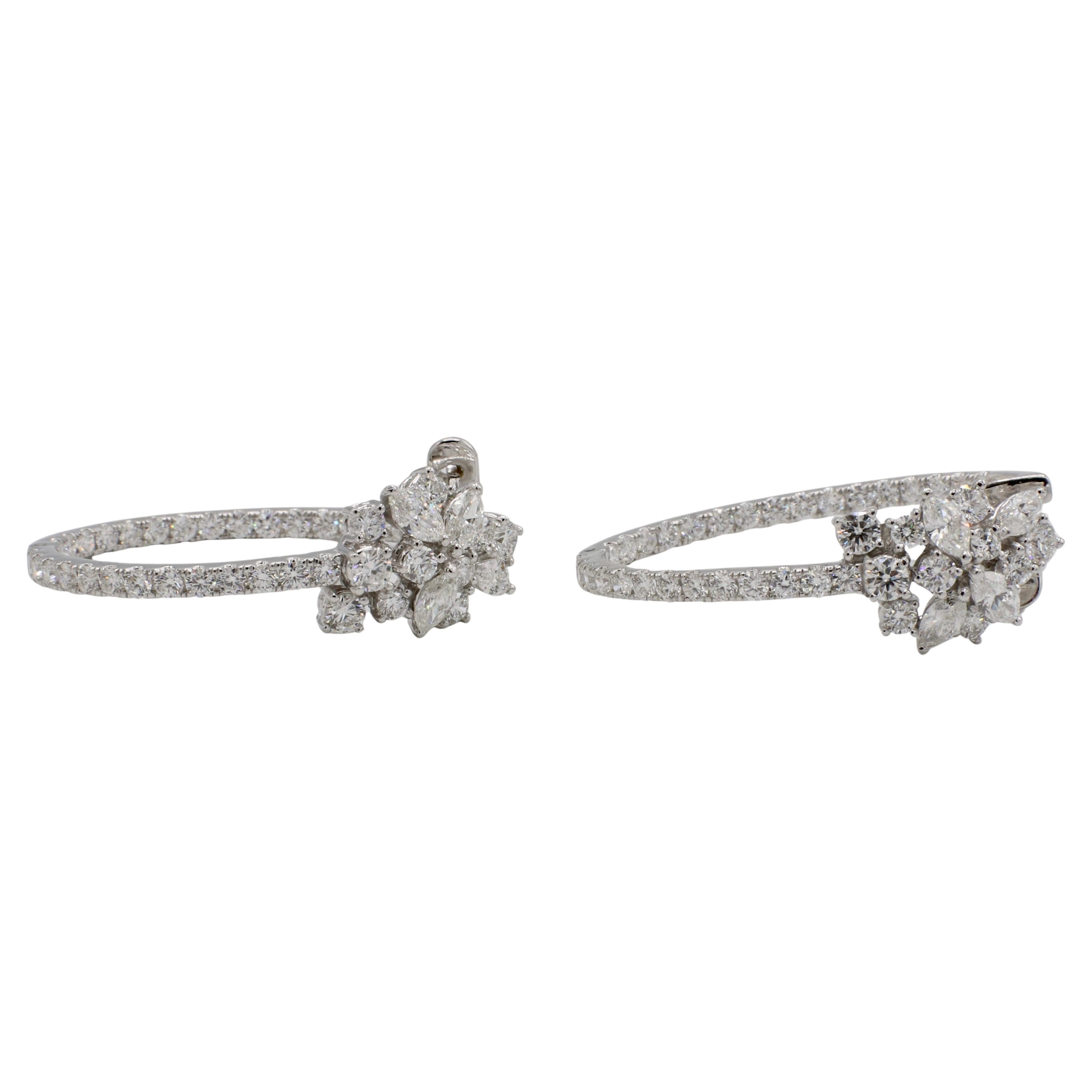 Modern 18 Karat White Gold 5.00 Carat Natural Diamond Cluster Hoop Earrings