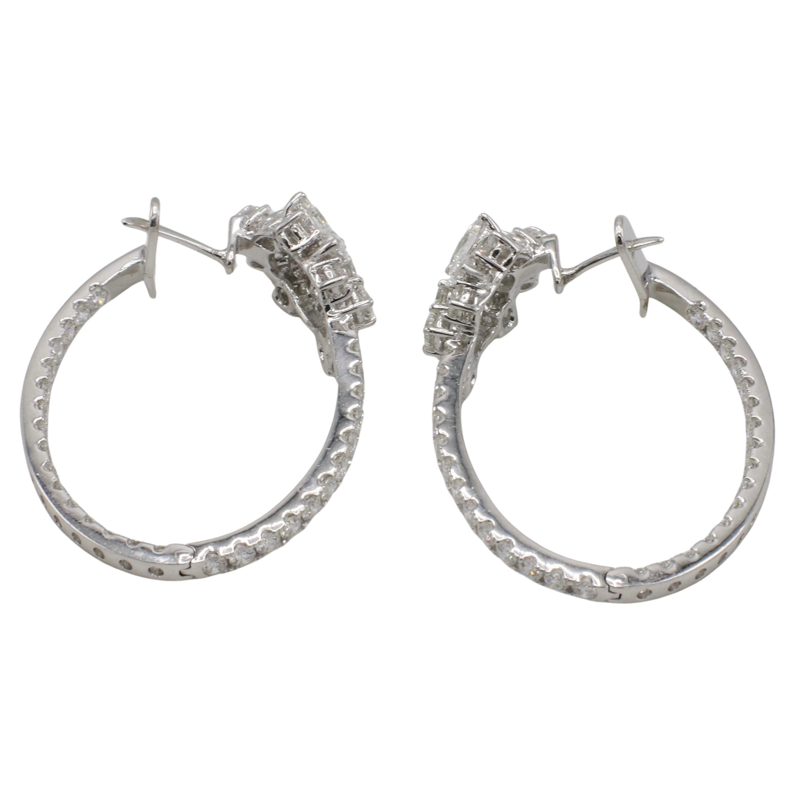 Round Cut 18 Karat White Gold 5.00 Carat Natural Diamond Cluster Hoop Earrings