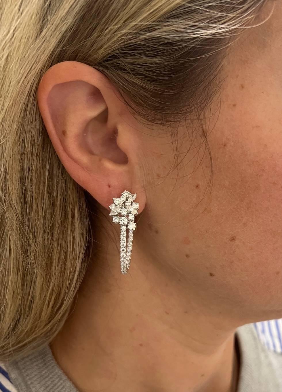 18 Karat White Gold 5.00 Carat Natural Diamond Cluster Hoop Earrings In Excellent Condition In  Baltimore, MD