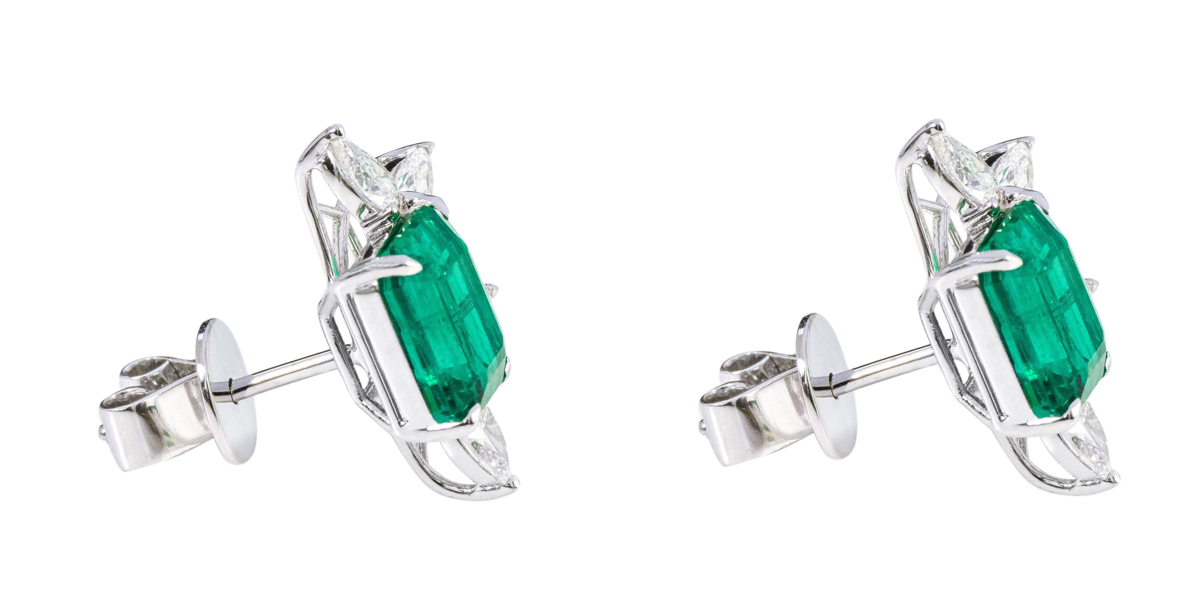 Emerald Cut 18 Karat White Gold 5.07 Carat Natural Emerald and Diamond Stud Earrings For Sale