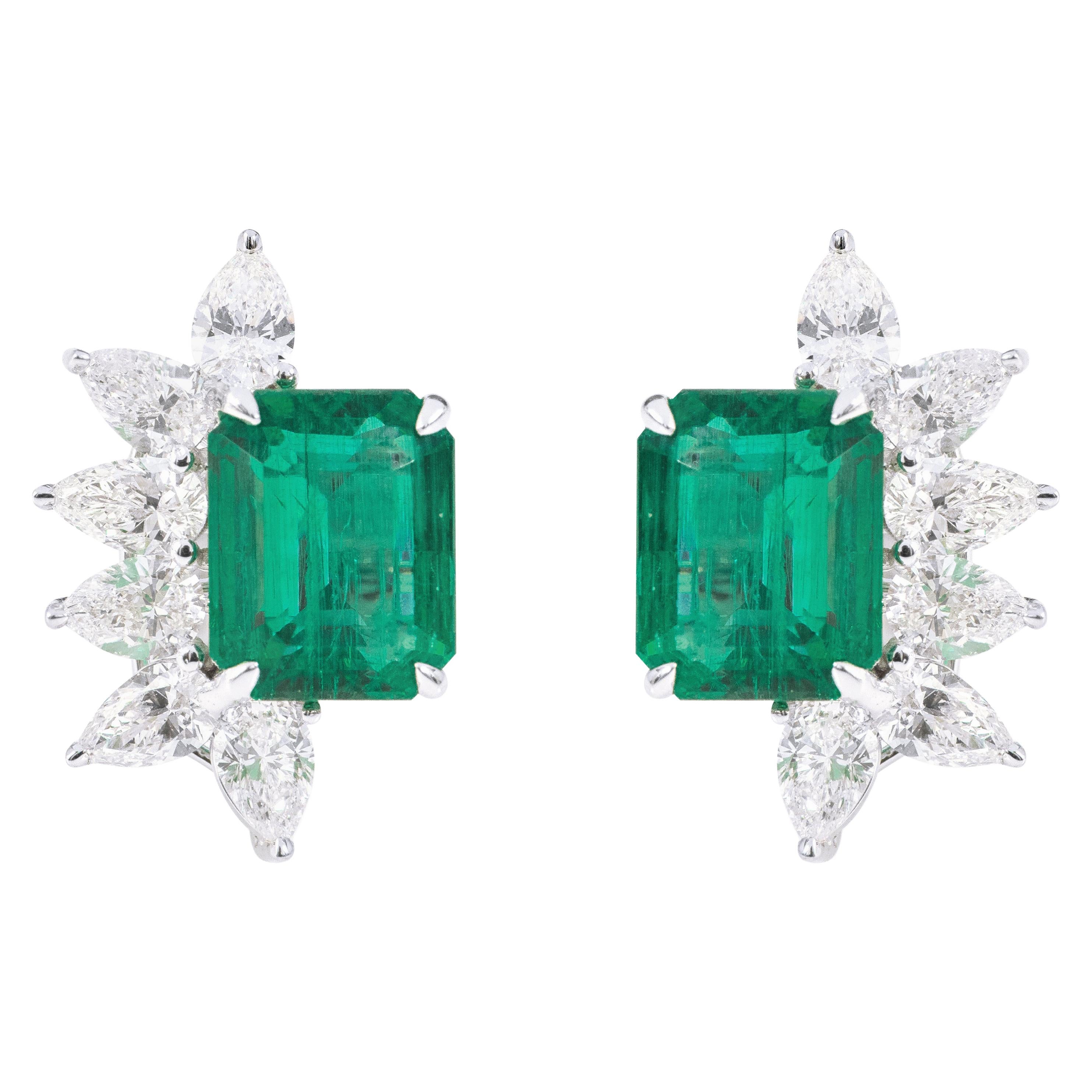 18 Karat White Gold 5.07 Carat Natural Emerald and Diamond Stud Earrings For Sale