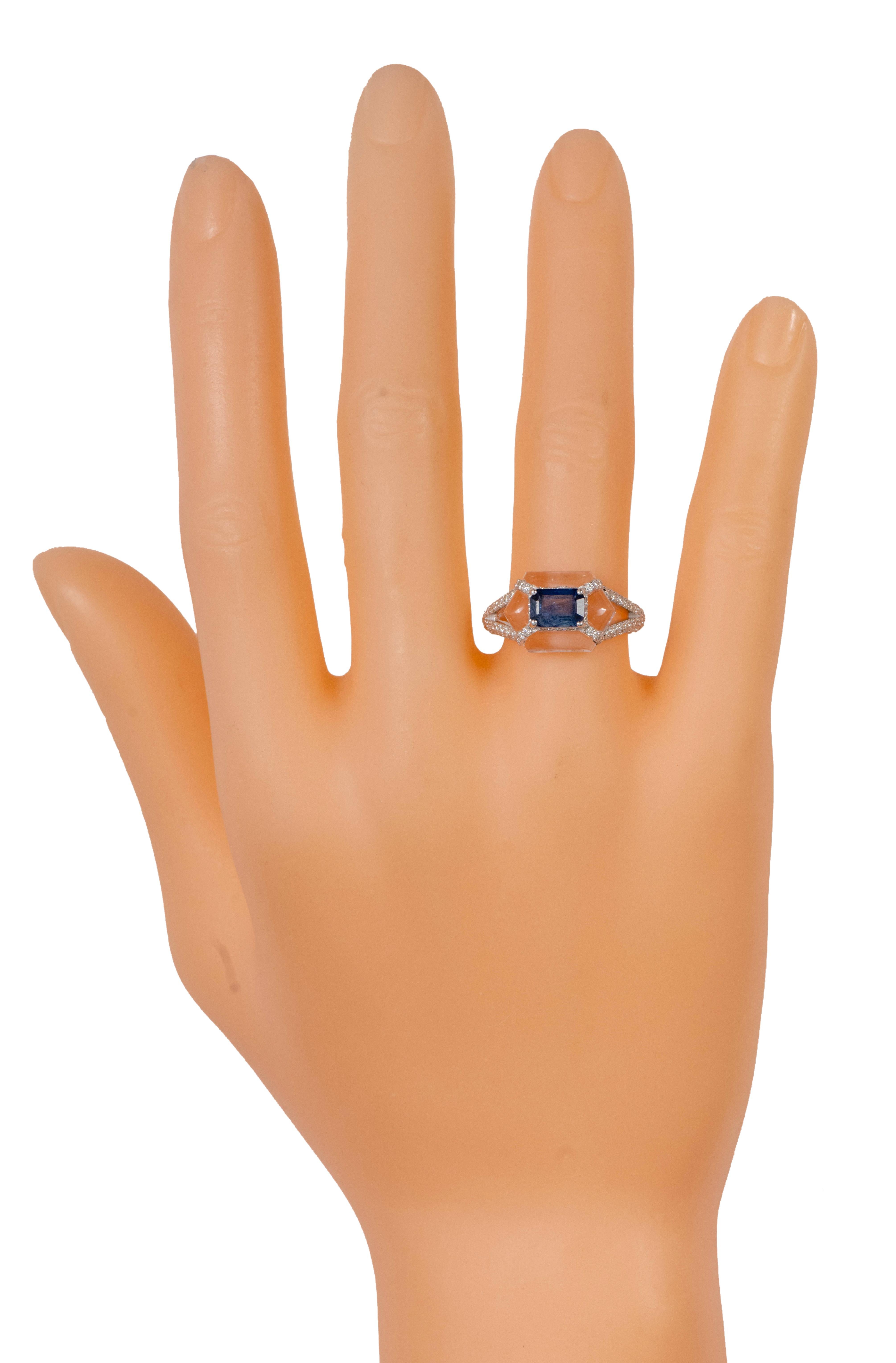 Modern 18 Karat White Gold 5.13 Carat Diamond, Sapphire, and Crystal Fashion Ring For Sale