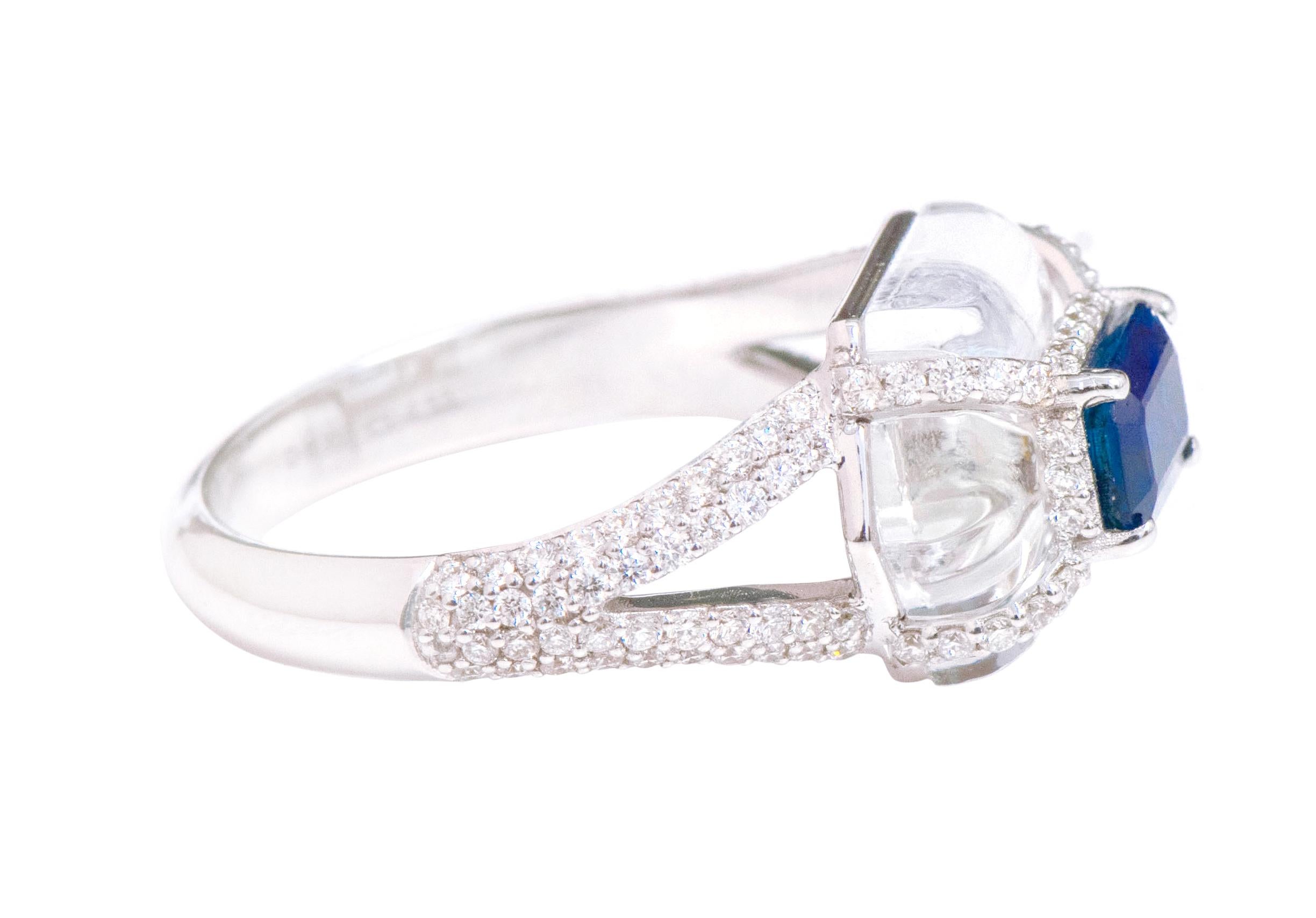 Emerald Cut 18 Karat White Gold 5.13 Carat Diamond, Sapphire, and Crystal Fashion Ring For Sale
