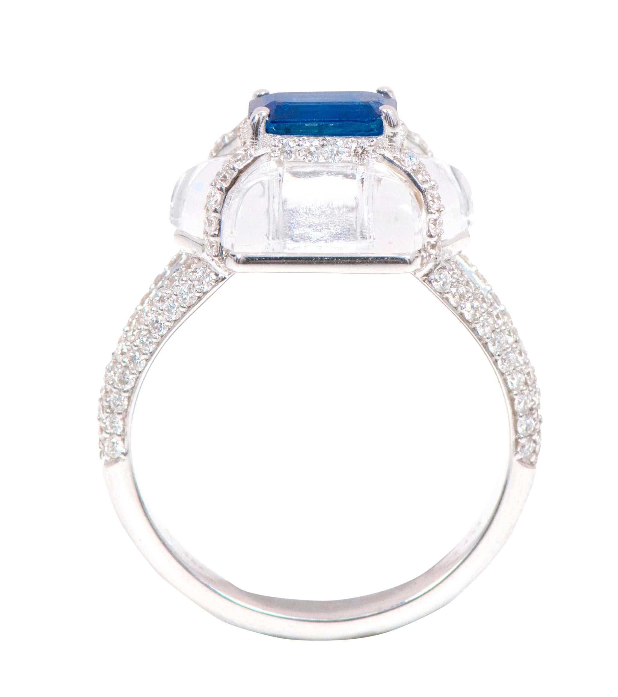 Women's 18 Karat White Gold 5.13 Carat Diamond, Sapphire, and Crystal Fashion Ring For Sale