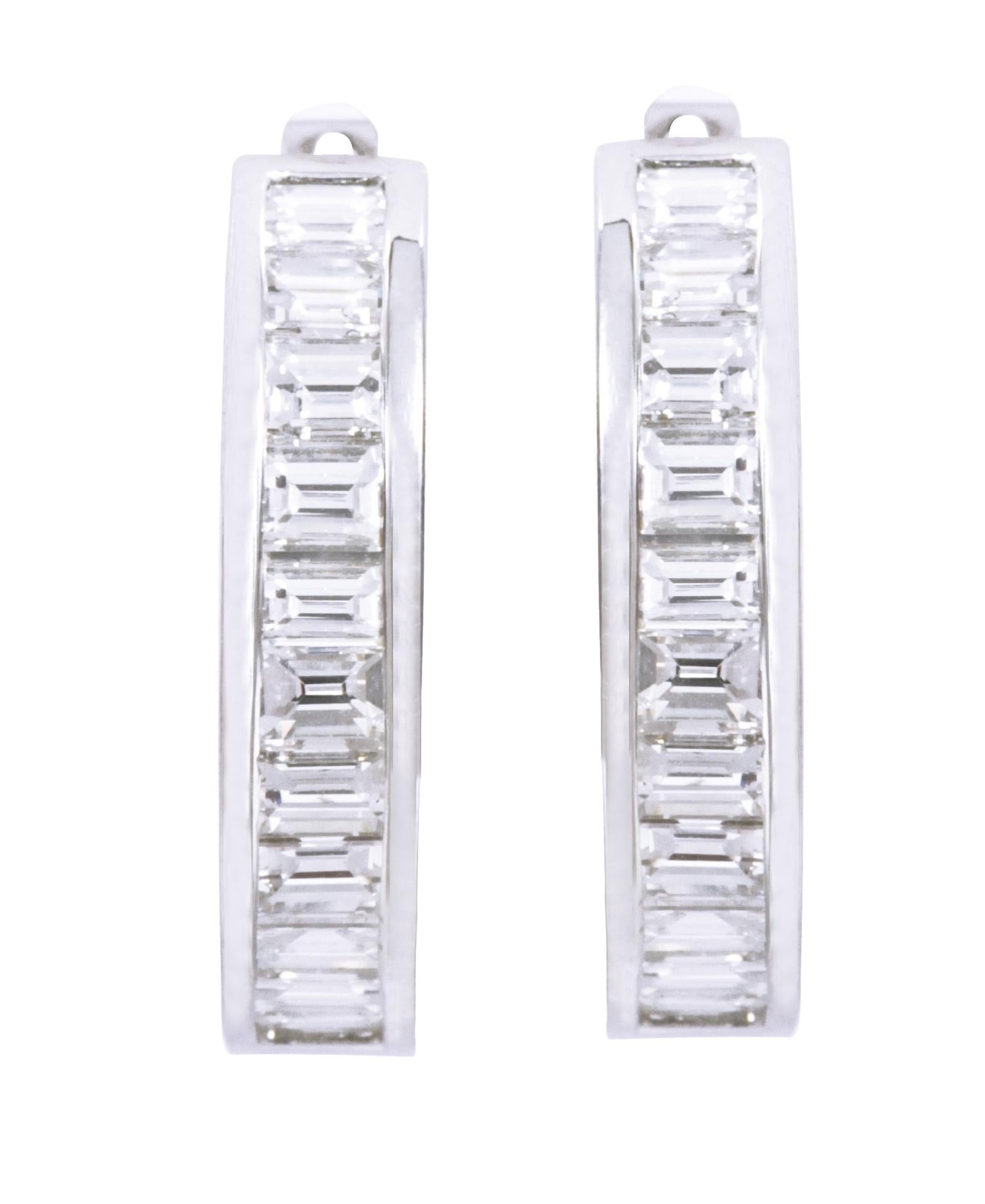 Emerald Cut 18 Karat White Gold 5.14 Carat Diamond Hoop Earrings in Bezel Setting For Sale