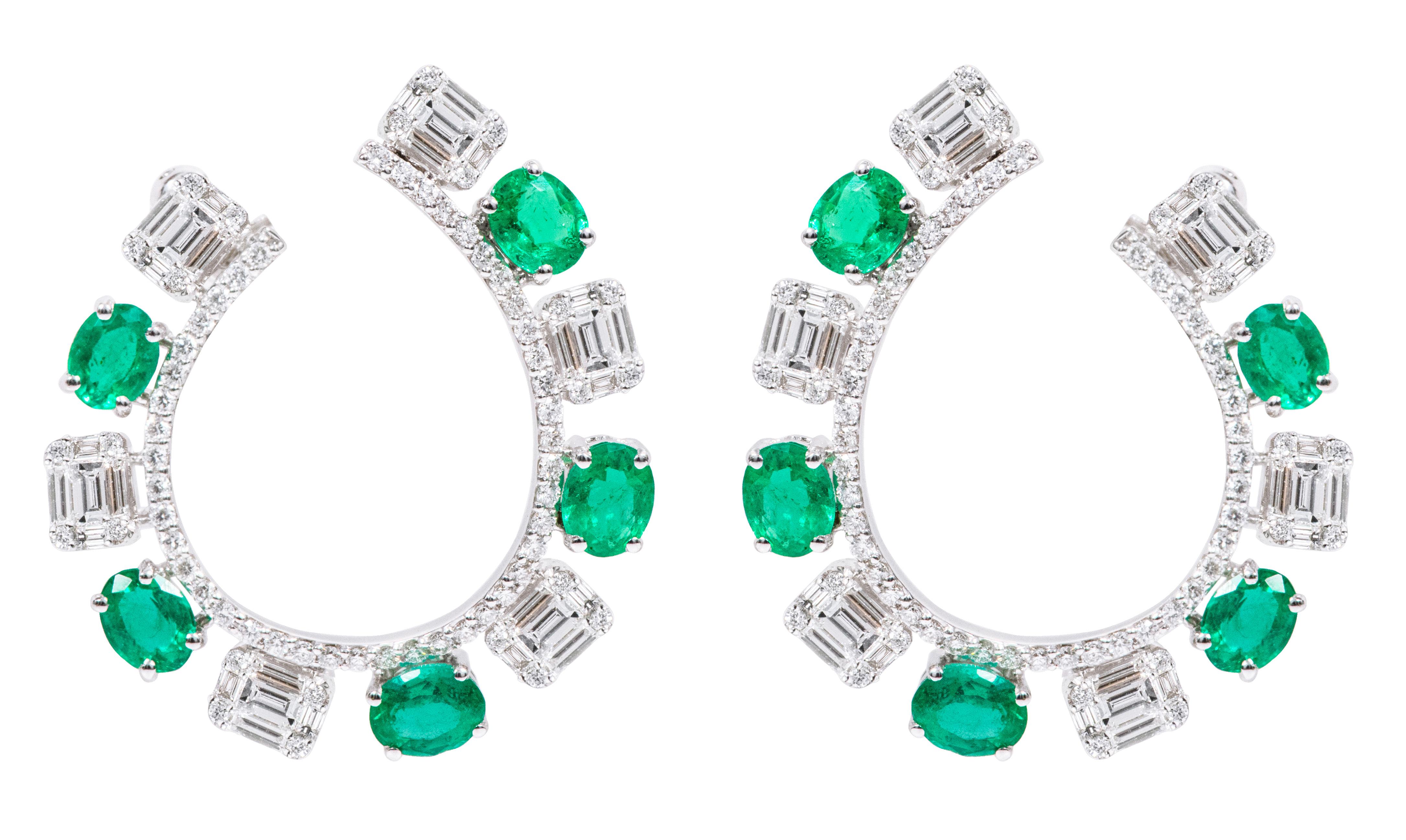 Oval Cut 18 Karat White Gold 5.15 Carat Diamond and Natural Emerald Modified Hoop Earring For Sale