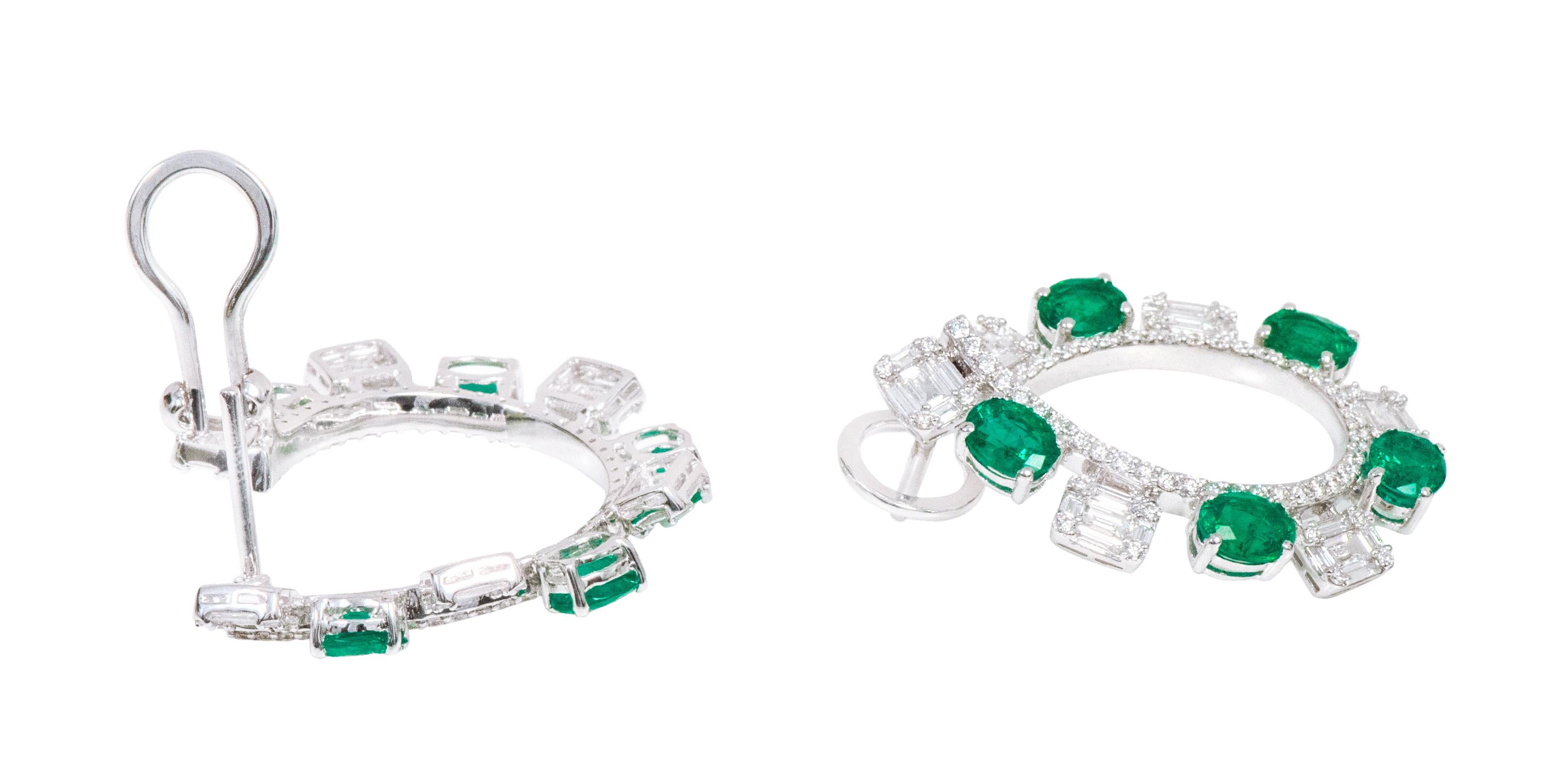 Women's 18 Karat White Gold 5.15 Carat Diamond and Natural Emerald Modified Hoop Earring For Sale