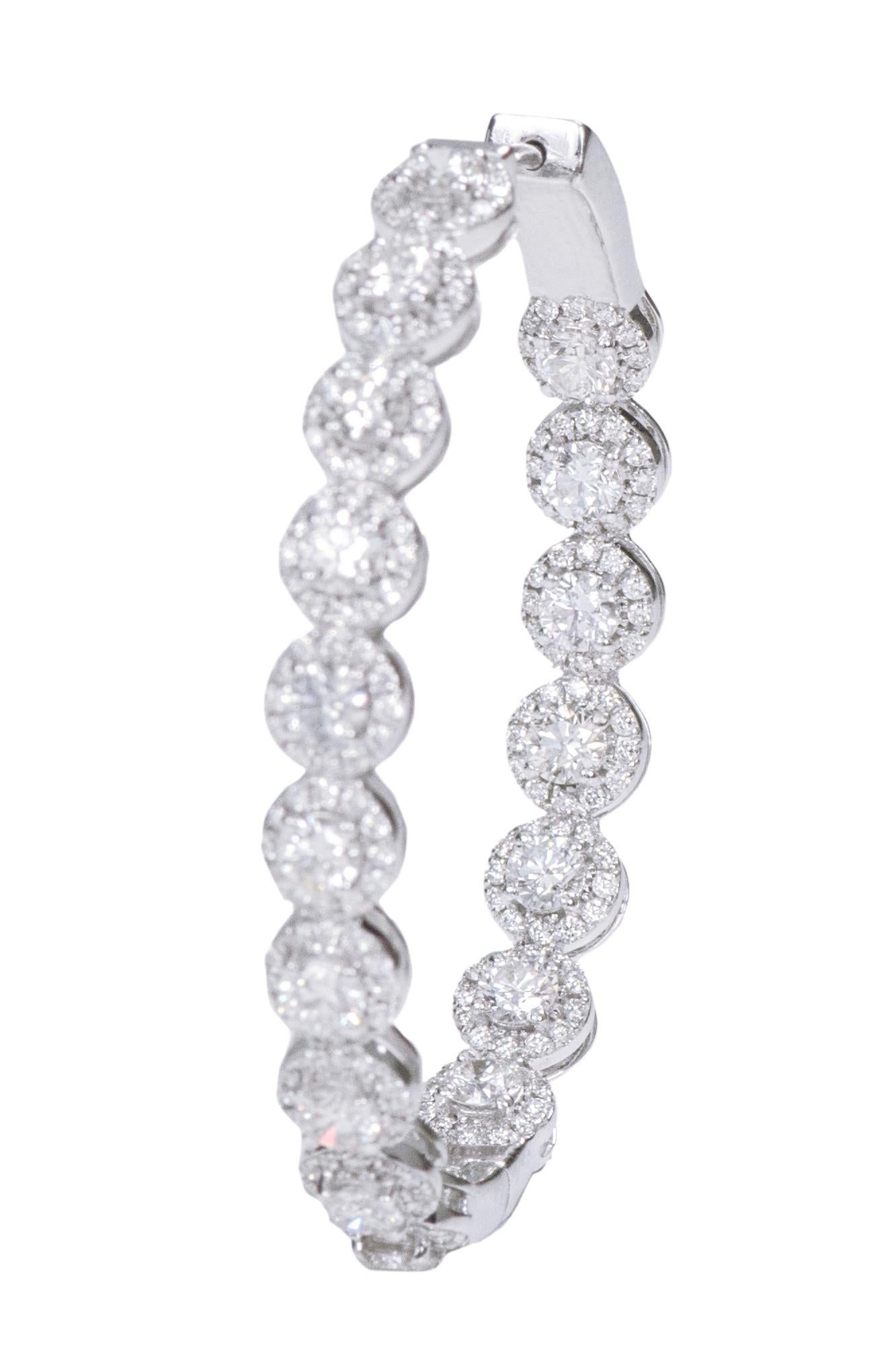 18 Karat White Gold 5.17 Carat Brilliant-Cut Diamond Cluster Hoop Earrings For Sale 5