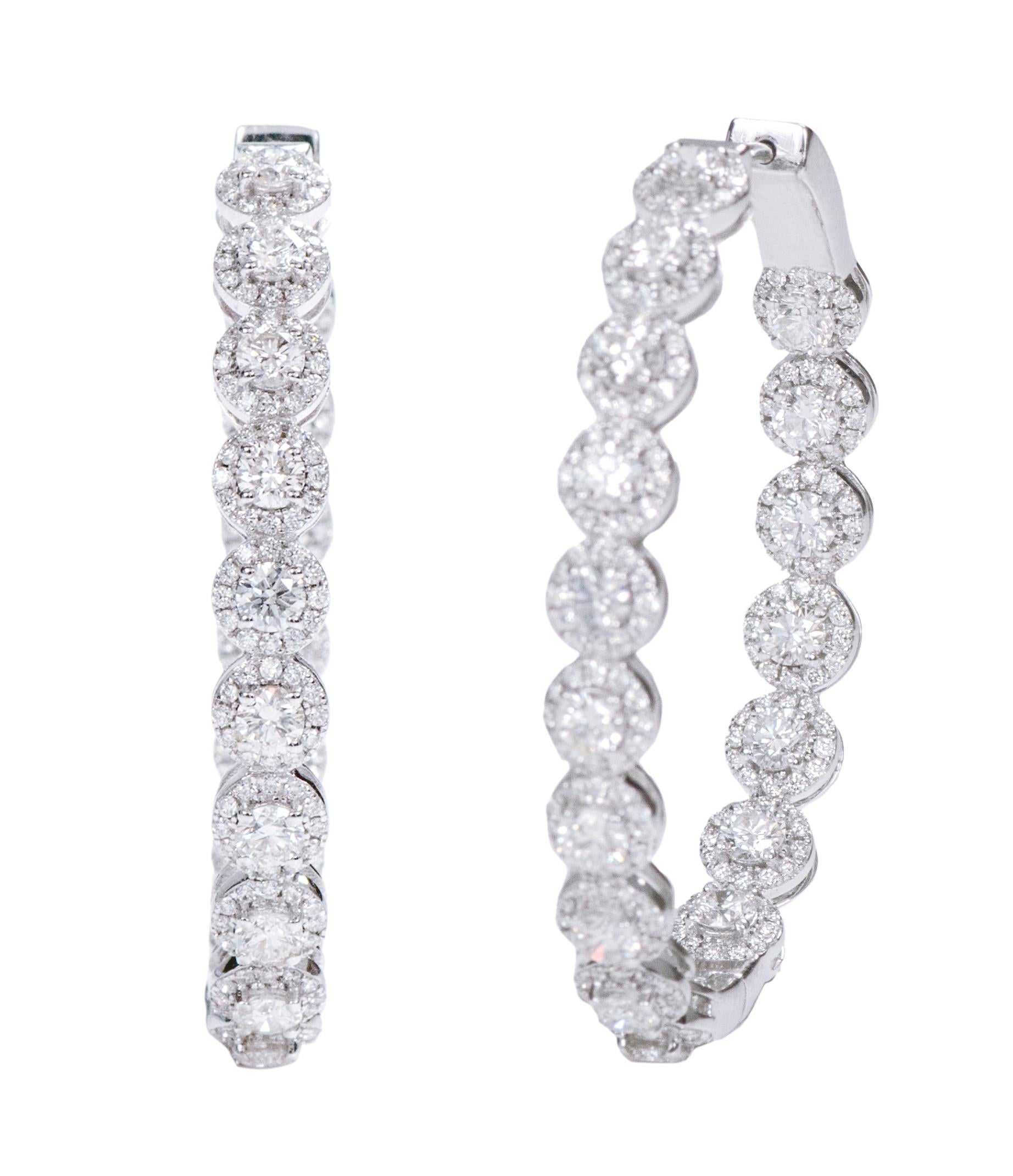 Modern 18 Karat White Gold 5.17 Carat Brilliant-Cut Diamond Cluster Hoop Earrings For Sale