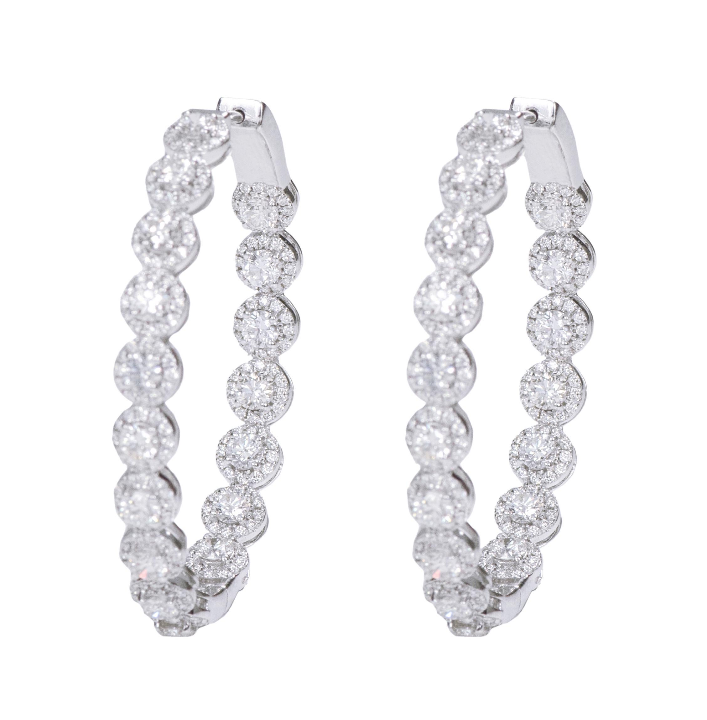 Women's 18 Karat White Gold 5.17 Carat Brilliant-Cut Diamond Cluster Hoop Earrings For Sale