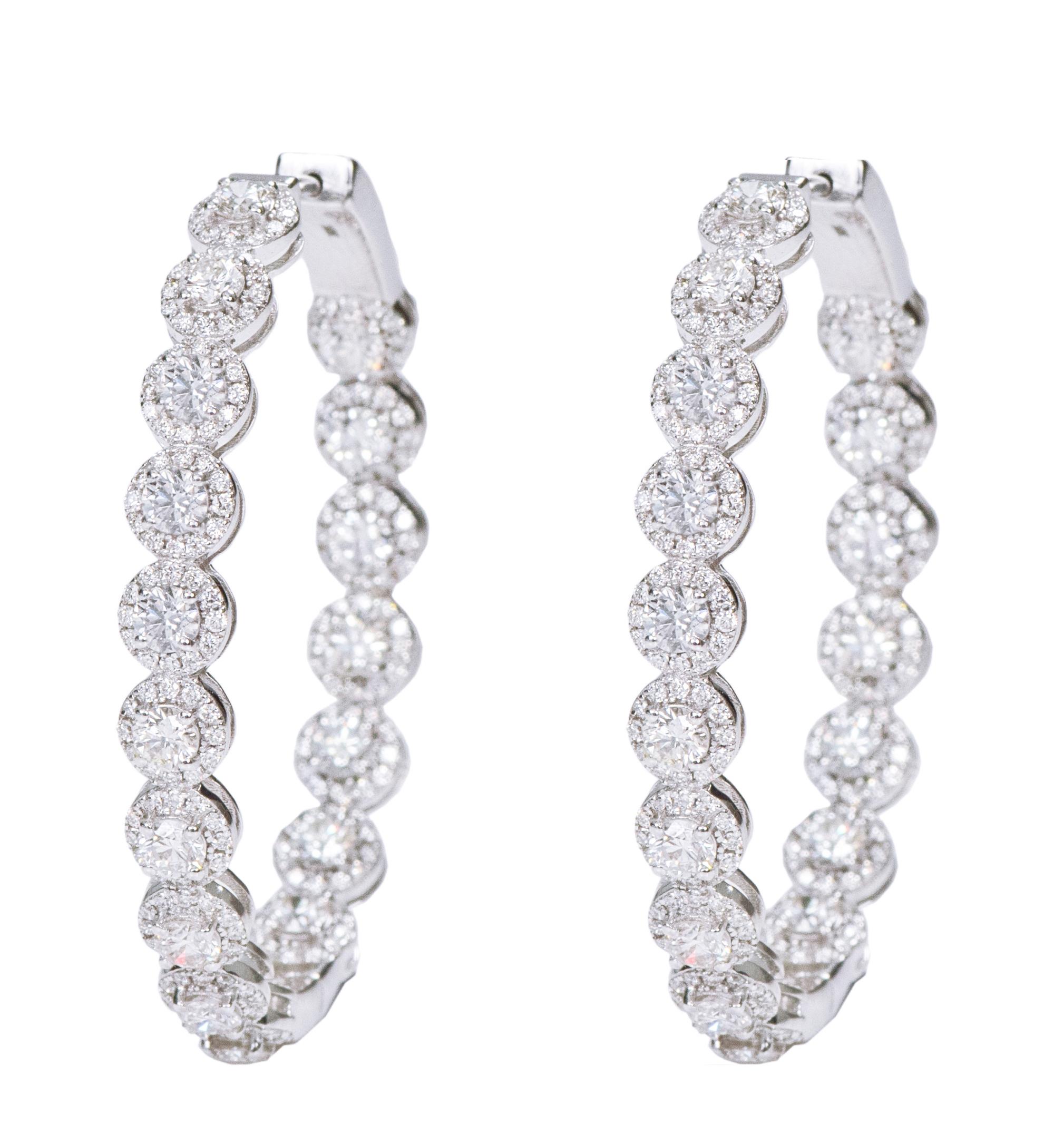 18 Karat White Gold 5.17 Carat Brilliant-Cut Diamond Cluster Hoop Earrings For Sale 1