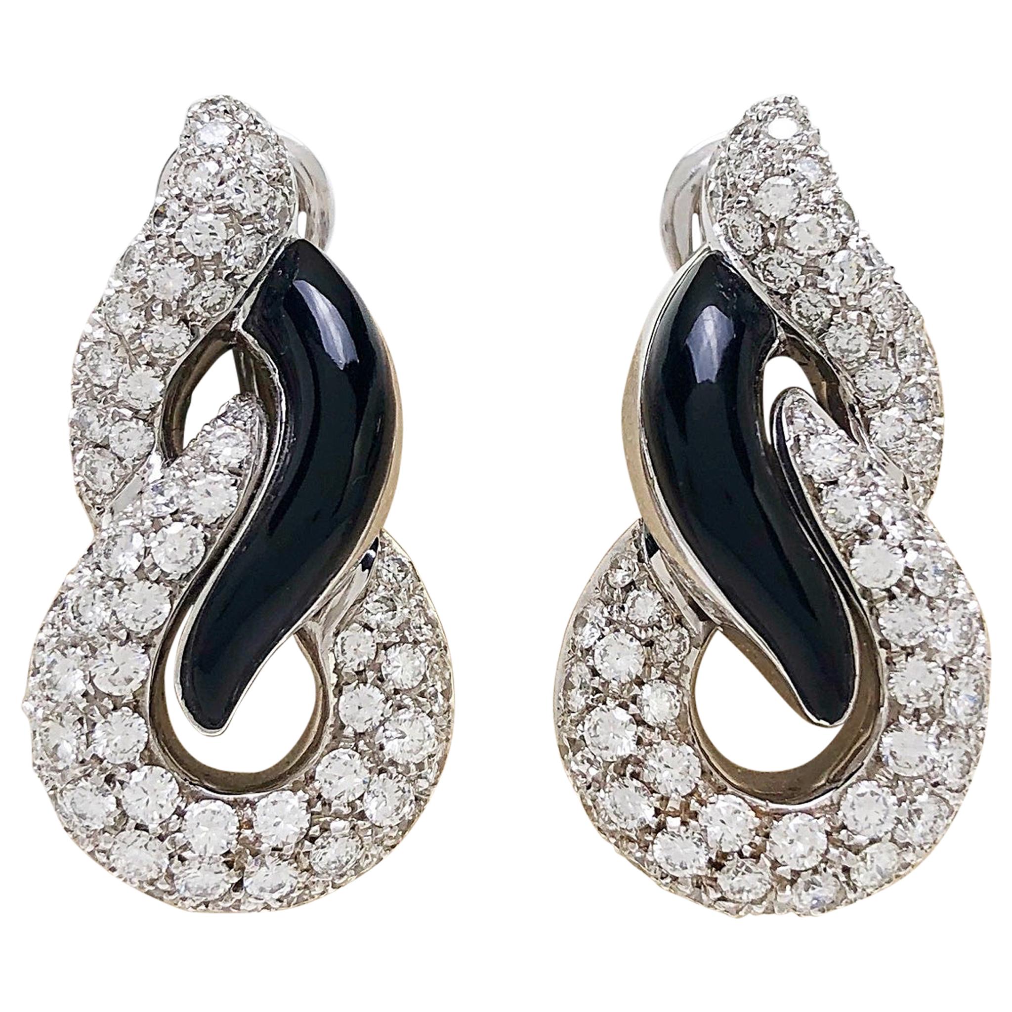 18 Karat White Gold, 5.17 Carat of Diamonds and Black Onyx Swirl Earrings For Sale