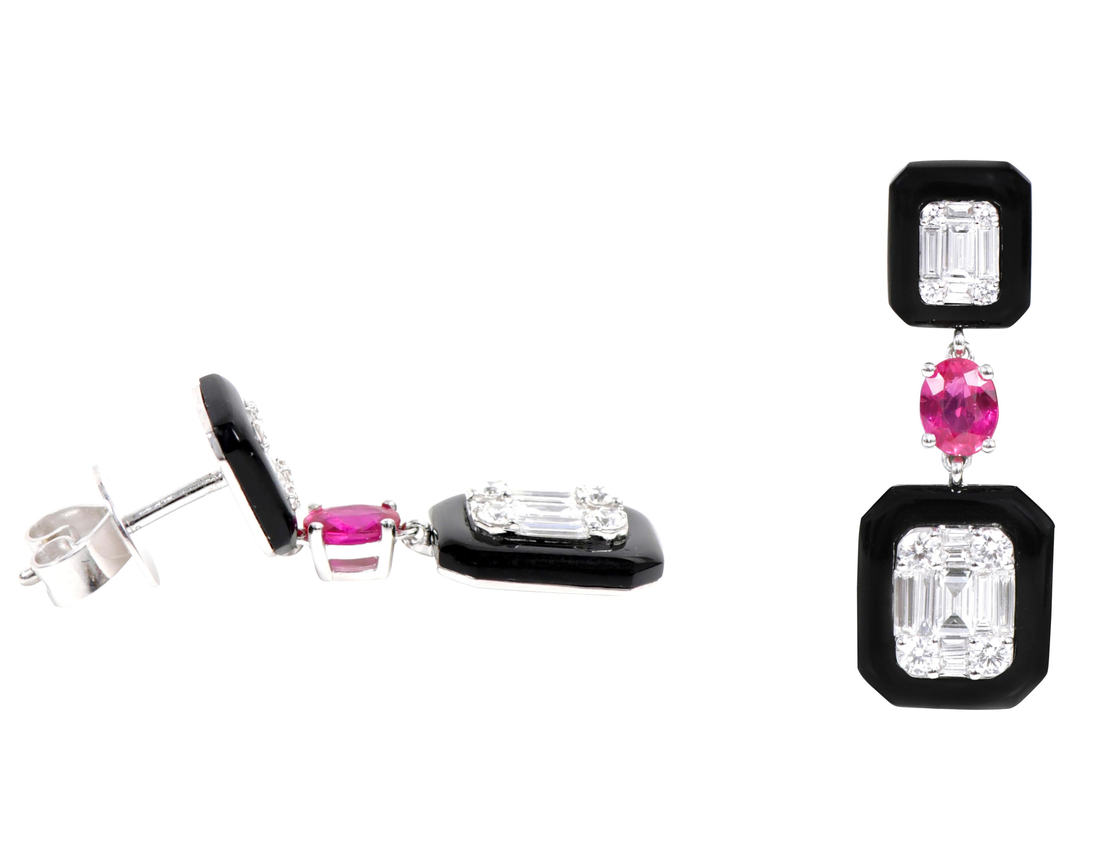 Contemporary 18 Karat White Gold 5.30 Carat Diamond, Ruby, and Black Onyx Dangle Earrings For Sale