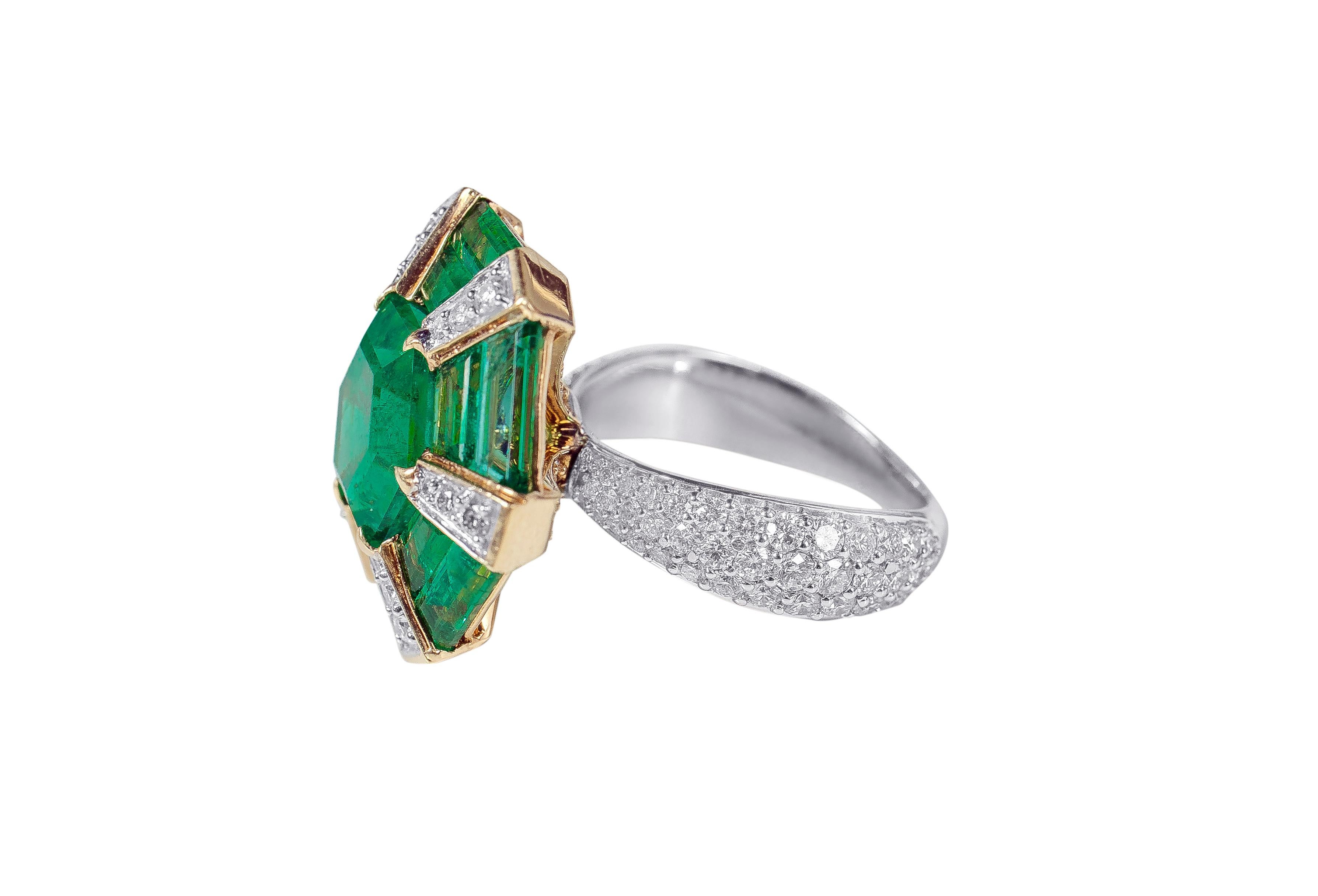 18 Karat White Gold 5.31 Carat Natural Emerald Hexagon and Diamond Cocktail Ring

This extraordinary gleaming green emerald hexagon dreamy ring is encapsulating. The center exquisite special solitaire hexagon emerald cut sets the tone for the ring