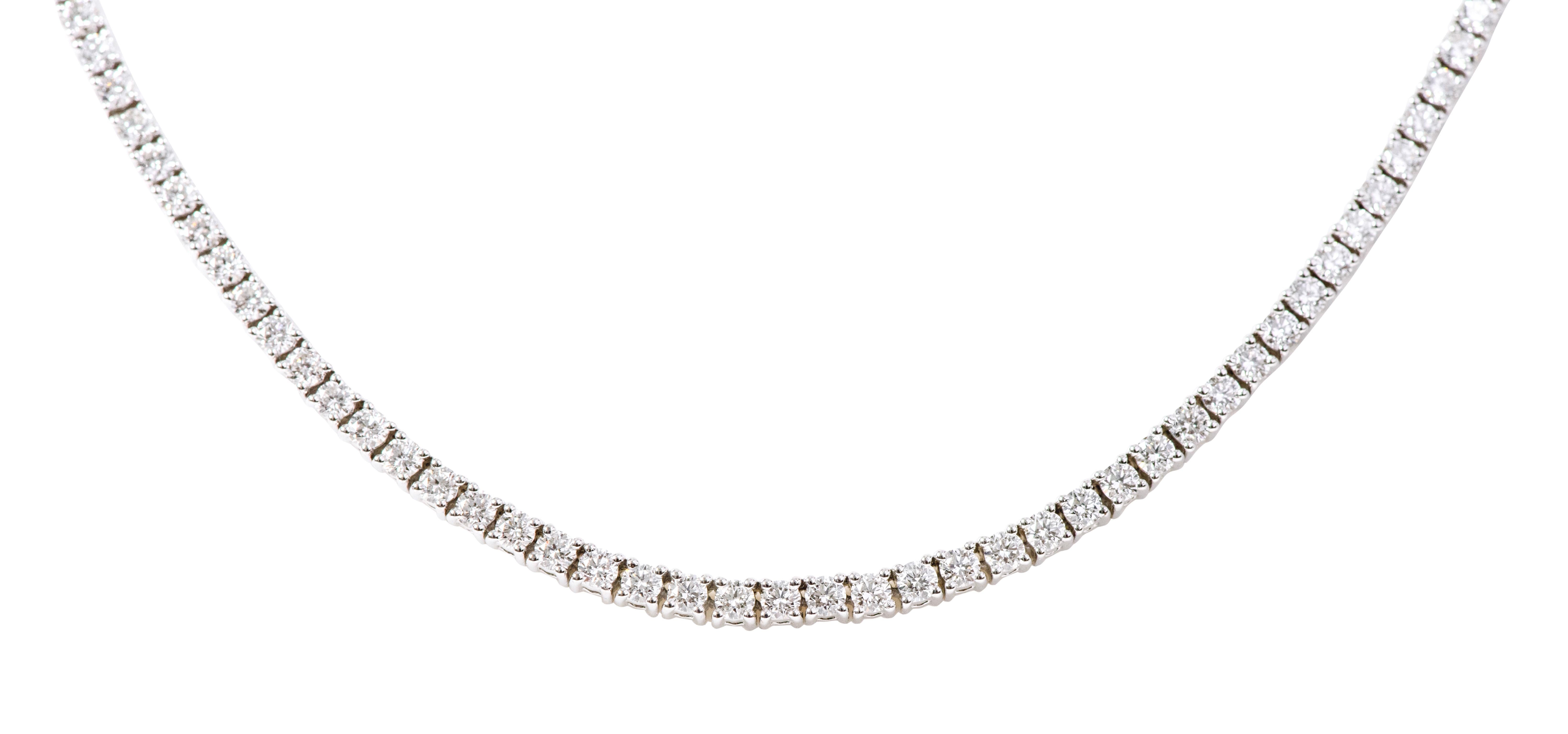 18 Karat White Gold 5.35 Carat Brilliant-Cut Diamond Tennis Necklace

This elegant diamond solitaire tennis necklace is eternal. The diamond tennis necklace with brilliant cut round solitaire diamonds of 5 pointers each with the perfect cut and