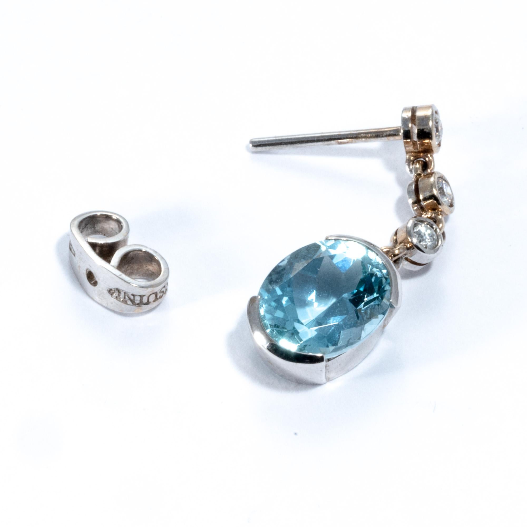 Oval Cut 18 Karat White Gold 5.38 Carat Aquamarine Diamond Dangling Earrings For Sale