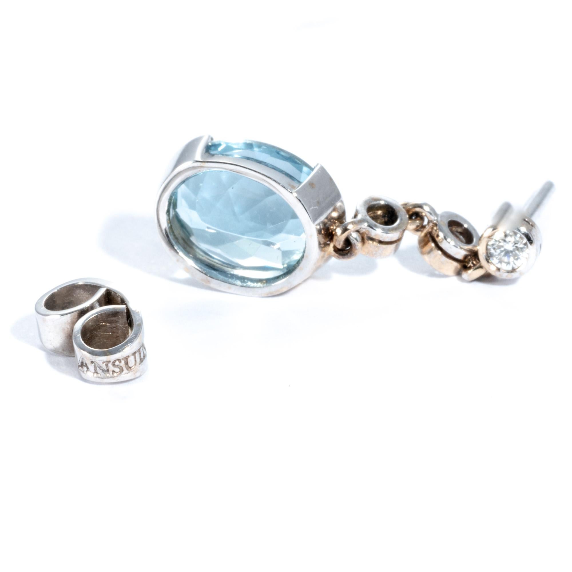 Women's 18 Karat White Gold 5.38 Carat Aquamarine Diamond Dangling Earrings For Sale