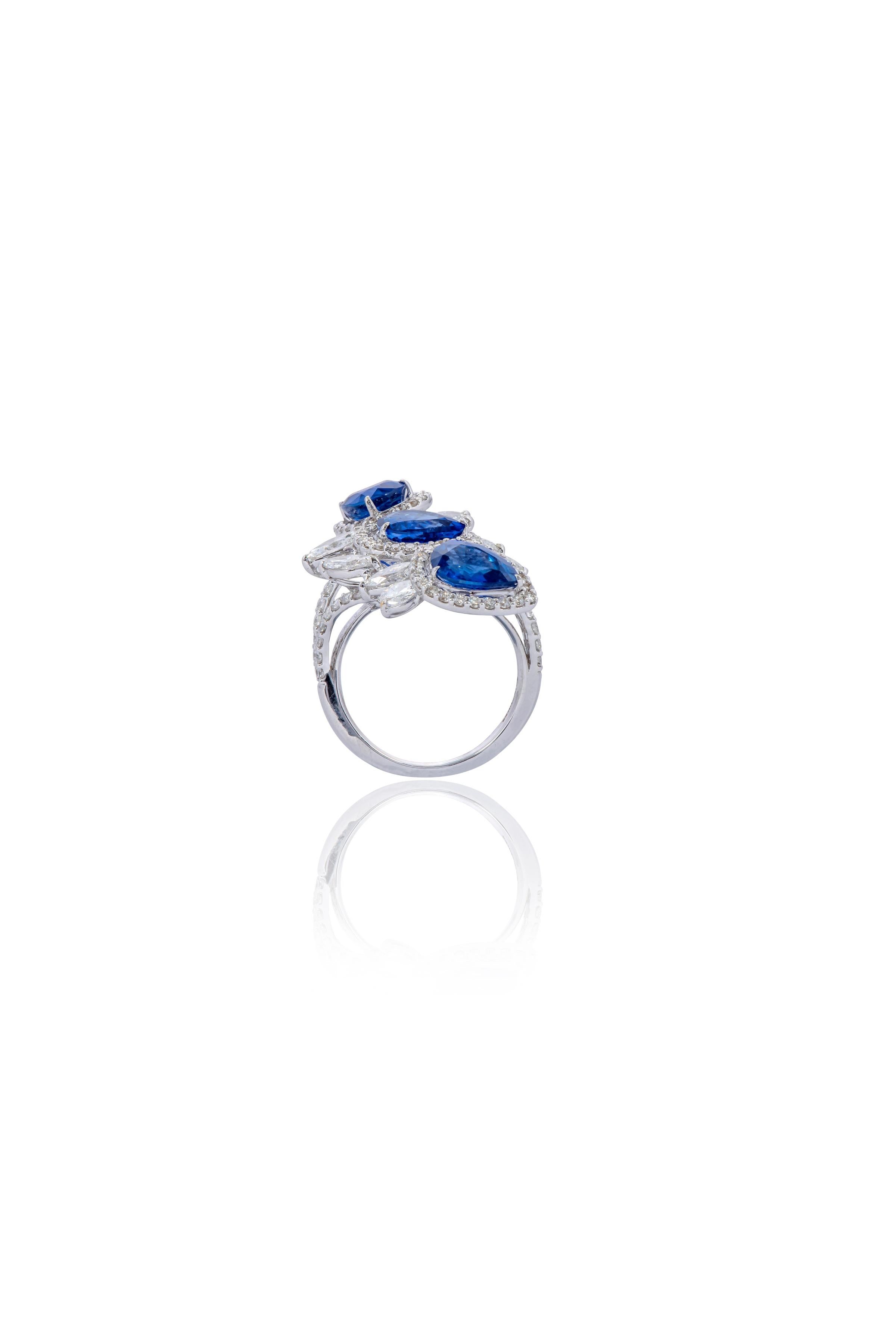Pear Cut 18 Karat White Gold 5.43 Carat Sapphire and Diamond Cocktail Ring For Sale