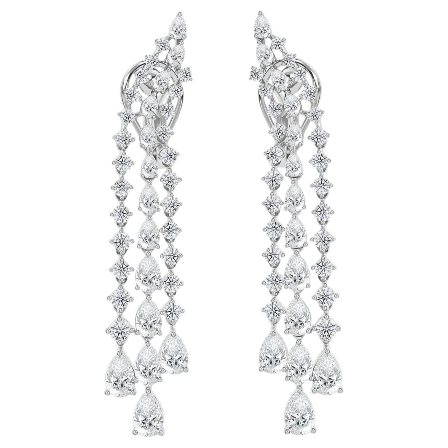 18 Karat White Gold 5.44 Carat Natural SI/H Diamond Triple Row Drop Earrings