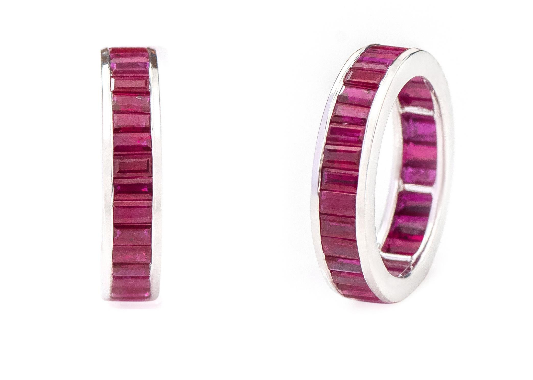 Contemporary 18 Karat White Gold 5.46 Carat Baguette-Cut Ruby Eternity Band Ring For Sale