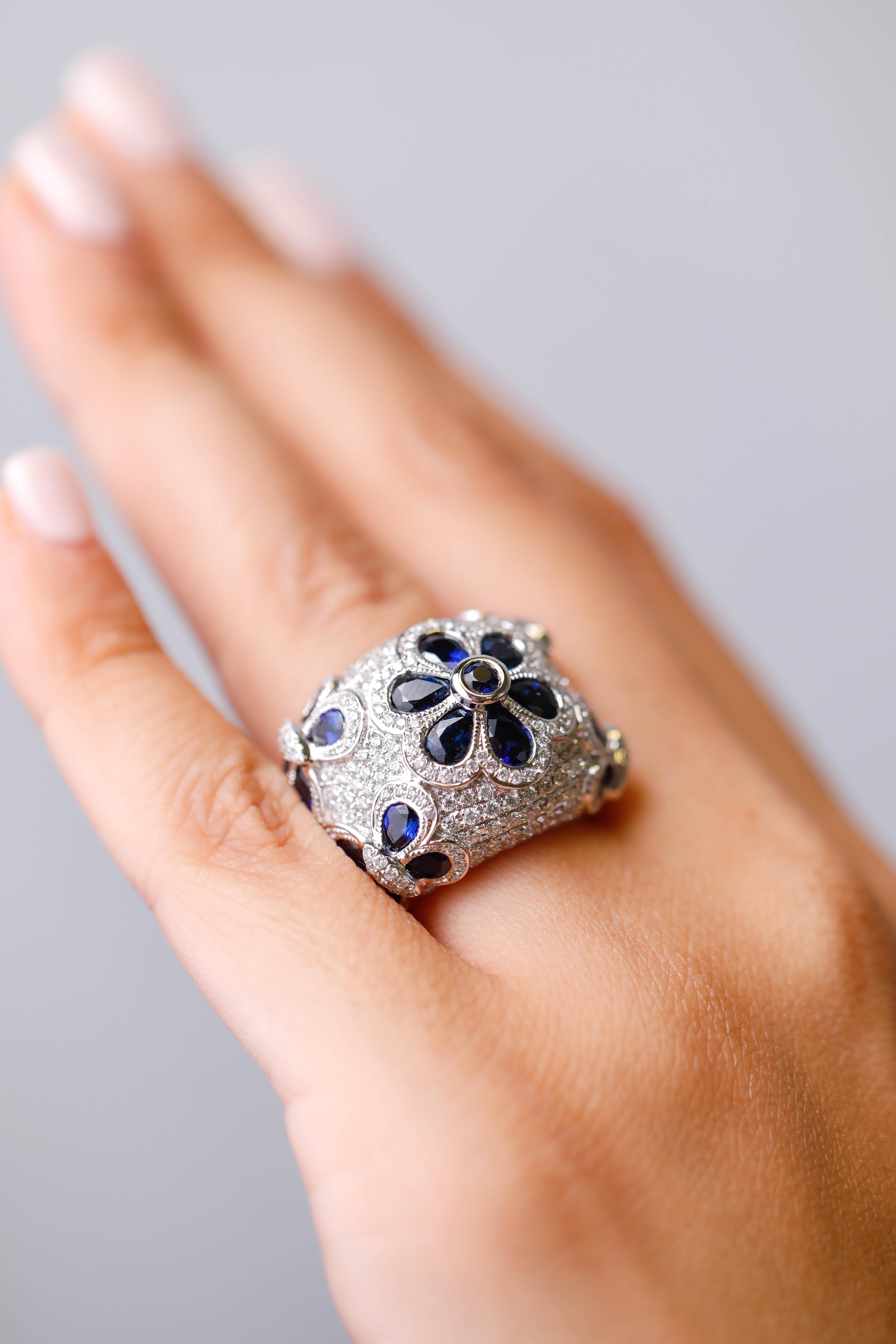 7.66 TCW Blue Sapphire and Pave Diamond Cluster Cocktail Ring in 18k White Gold 1