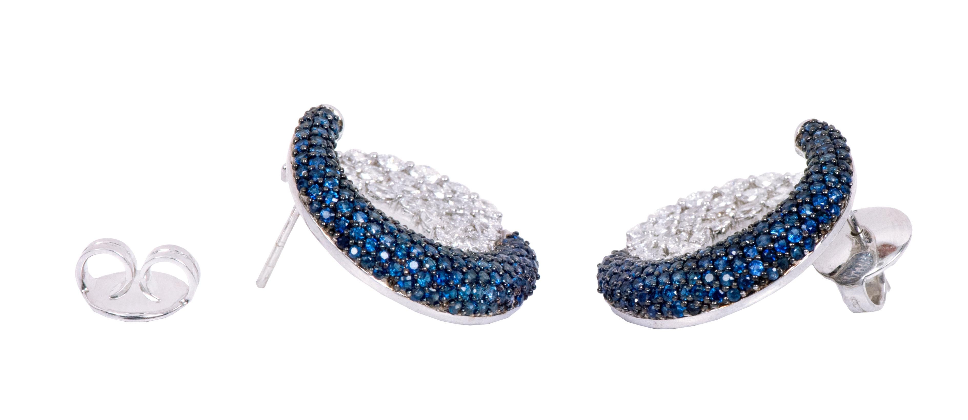 Marquise Cut 18 Karat White Gold 5.67 Carat Blue Sapphire and Diamond Cocktail Hoop Earrings