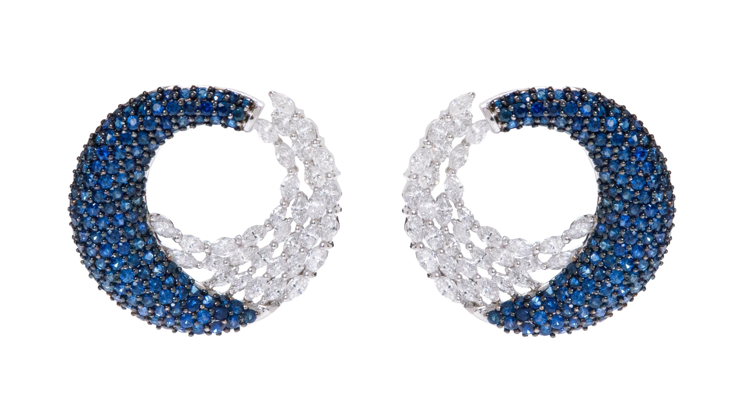 18 Karat White Gold 5.67 Carat Blue Sapphire and Diamond Cocktail Hoop Earrings In New Condition In Jaipur, IN