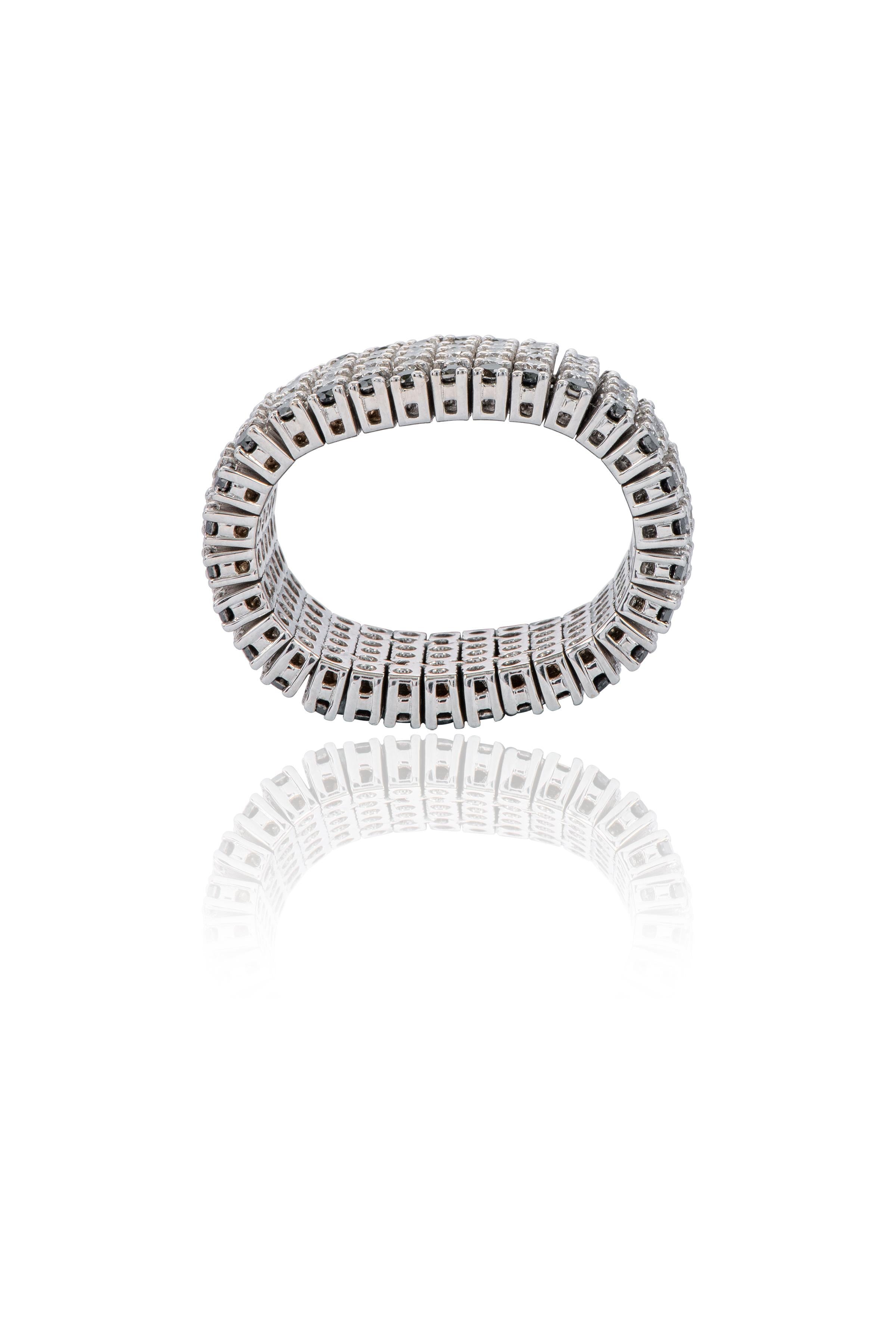 Modern 18 Karat White Gold 5.71 Carat White and Black Diamond Flexible Band Ring For Sale